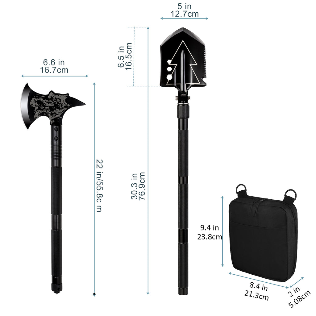 Multifunctional Survival Camping Shovel and Axe Set - 20-in-1 Tactical Folding Tool Gear with Carrying Case