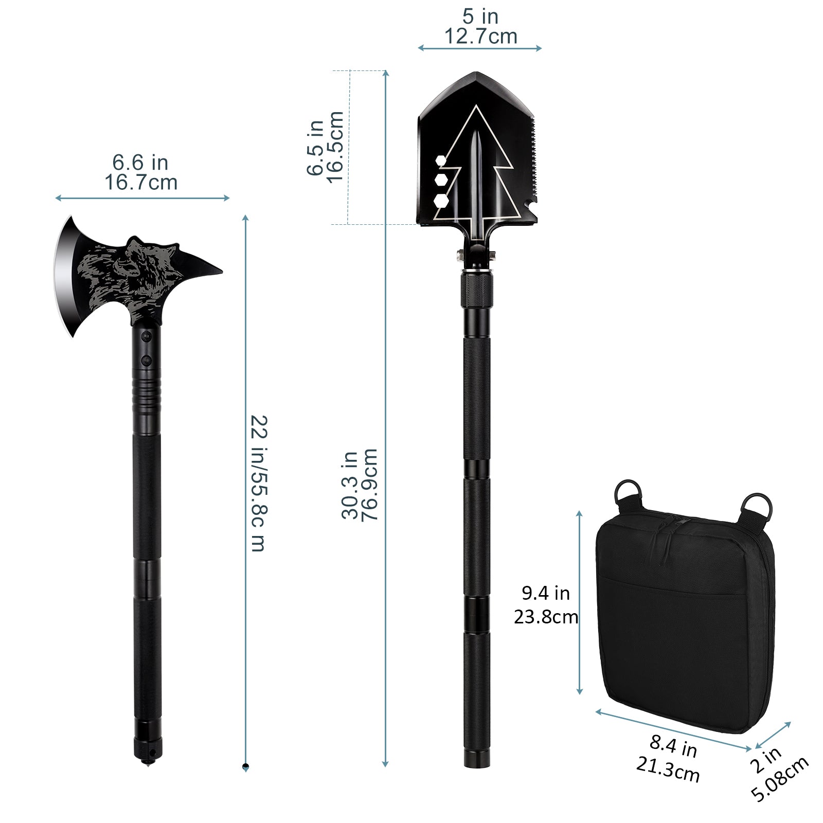 Multifunctional Survival Camping Shovel and Axe Set - 20-in-1 Tactical Folding Tool Gear with Carrying Case