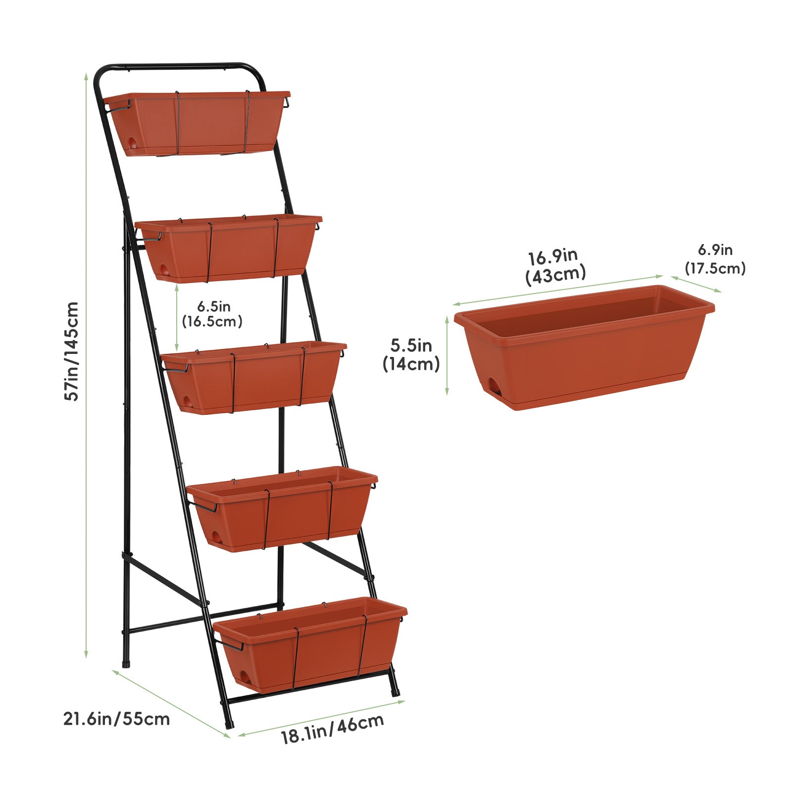 5-Tier Vertical Garden Bed - Large Capacity Standing Planter Boxes with Drainage Trays, Brick Red