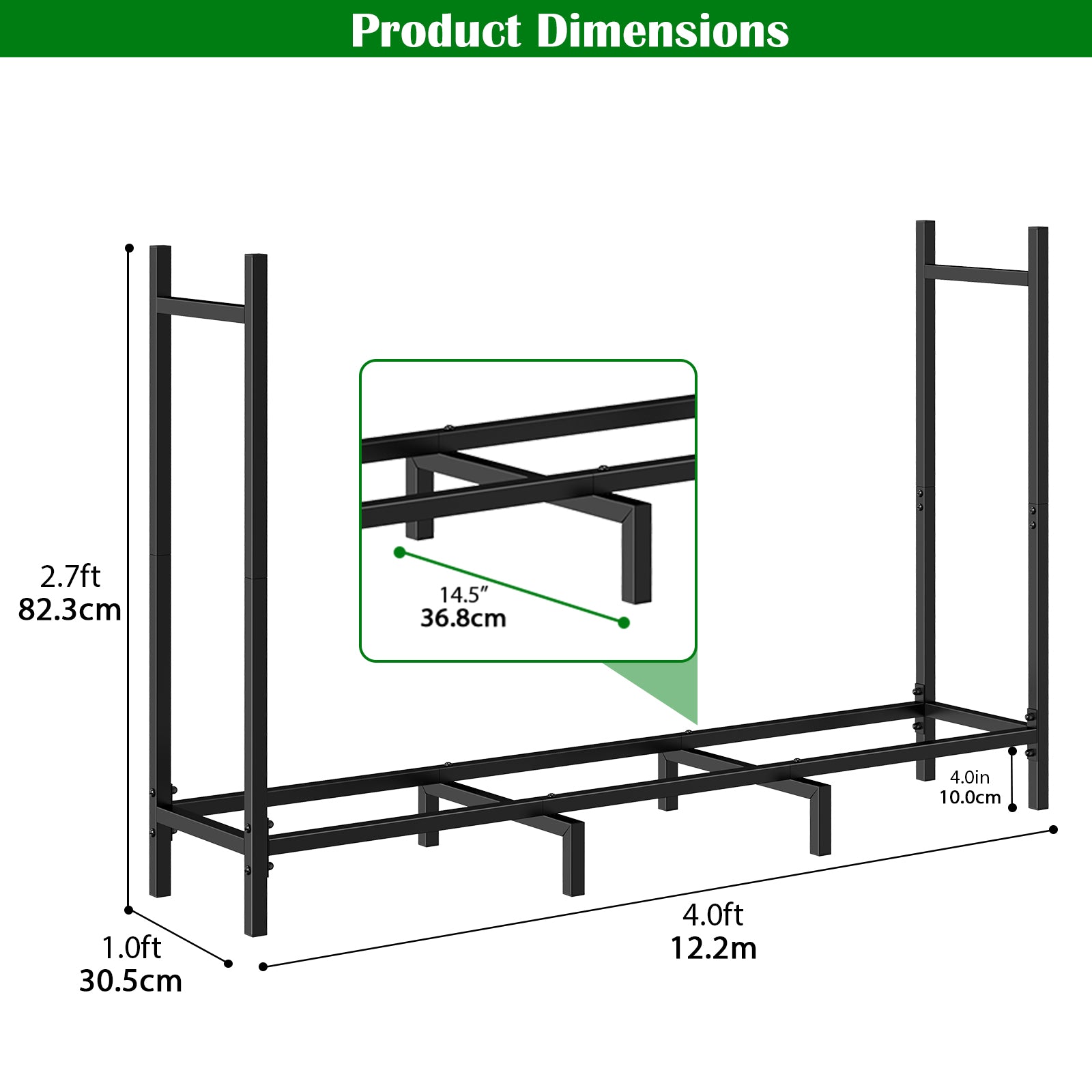 4ft/5ft/8ft Heavy Duty Firewood Rack, Metal Log Holder with Adjustable Width for Indoor/Outdoor Use