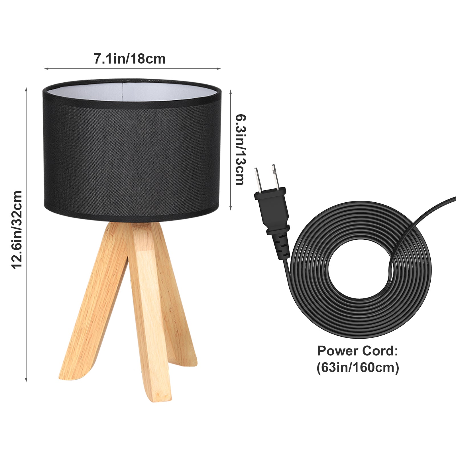 Modern Bedside Table Lamp with Wooden Tripod Base, Linen Fabric Shade Nightlight for Bedroom & Office