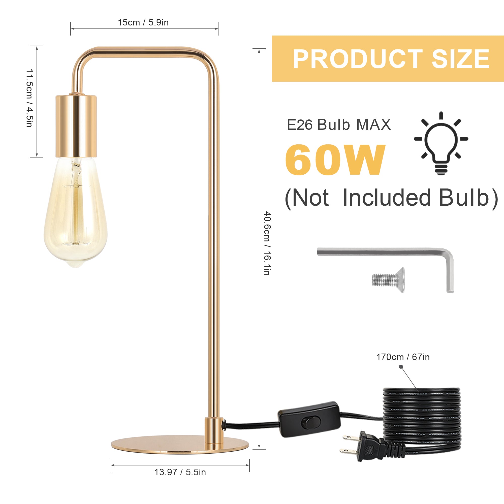 Table Lamp, Industrial Desk Lamps, Small Gold Metal Lamp Suit for Bedside Dressers Coffee Table Study Desk in Bedroom, Guest Room Office