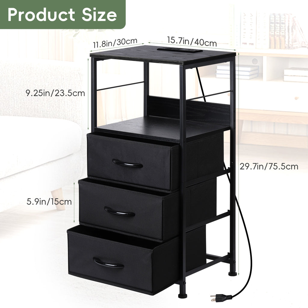 3-Drawer Tall Nightstand with Charging Station - Bedside Table with USB & Outlets for Bedroom, Black,