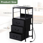 3-Drawer Tall Nightstand with Charging Station - Bedside Table with USB & Outlets for Bedroom, Black,