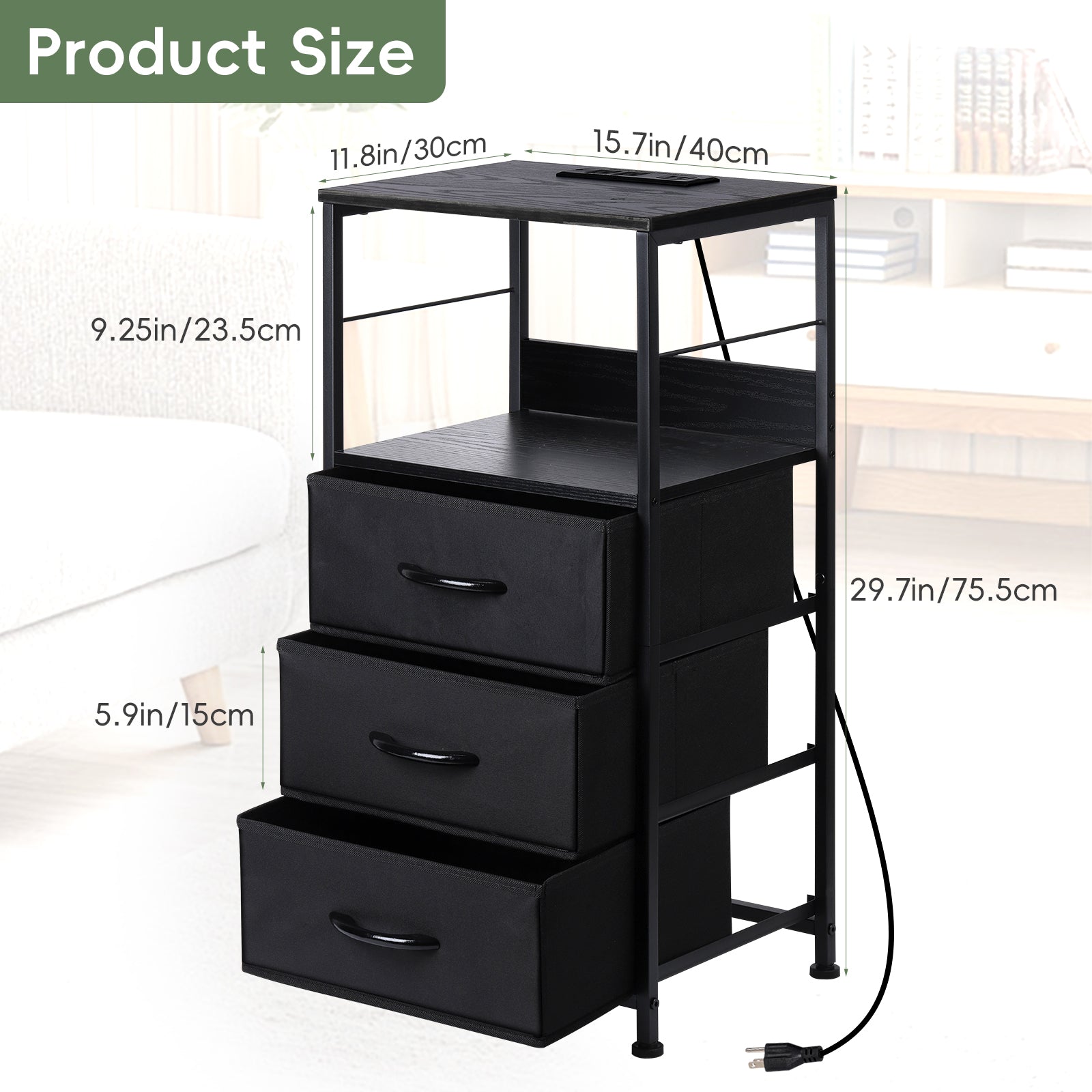 3-Drawer Tall Nightstand with Charging Station - Bedside Table with USB & Outlets for Bedroom, Black,
