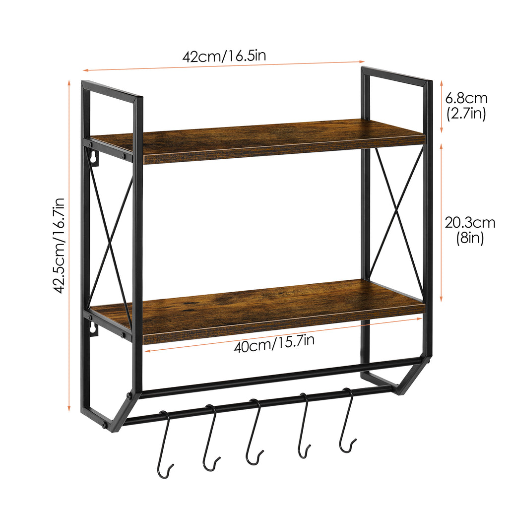 2-Tier Wall Mounted Bathroom Shelf - Rustic Wood Towel Rack with Hooks & Towel Bar Organizer,