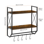2-Tier Wall Mounted Bathroom Shelf - Rustic Wood Towel Rack with Hooks & Towel Bar Organizer,