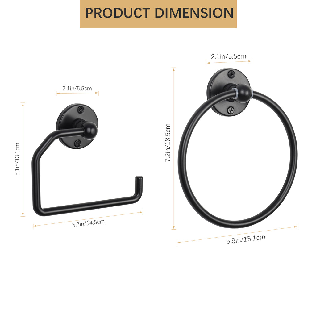 Matte Black Bathroom Hardware Set (3-Piece) - Towel Rings & Toilet Paper Holder Kit