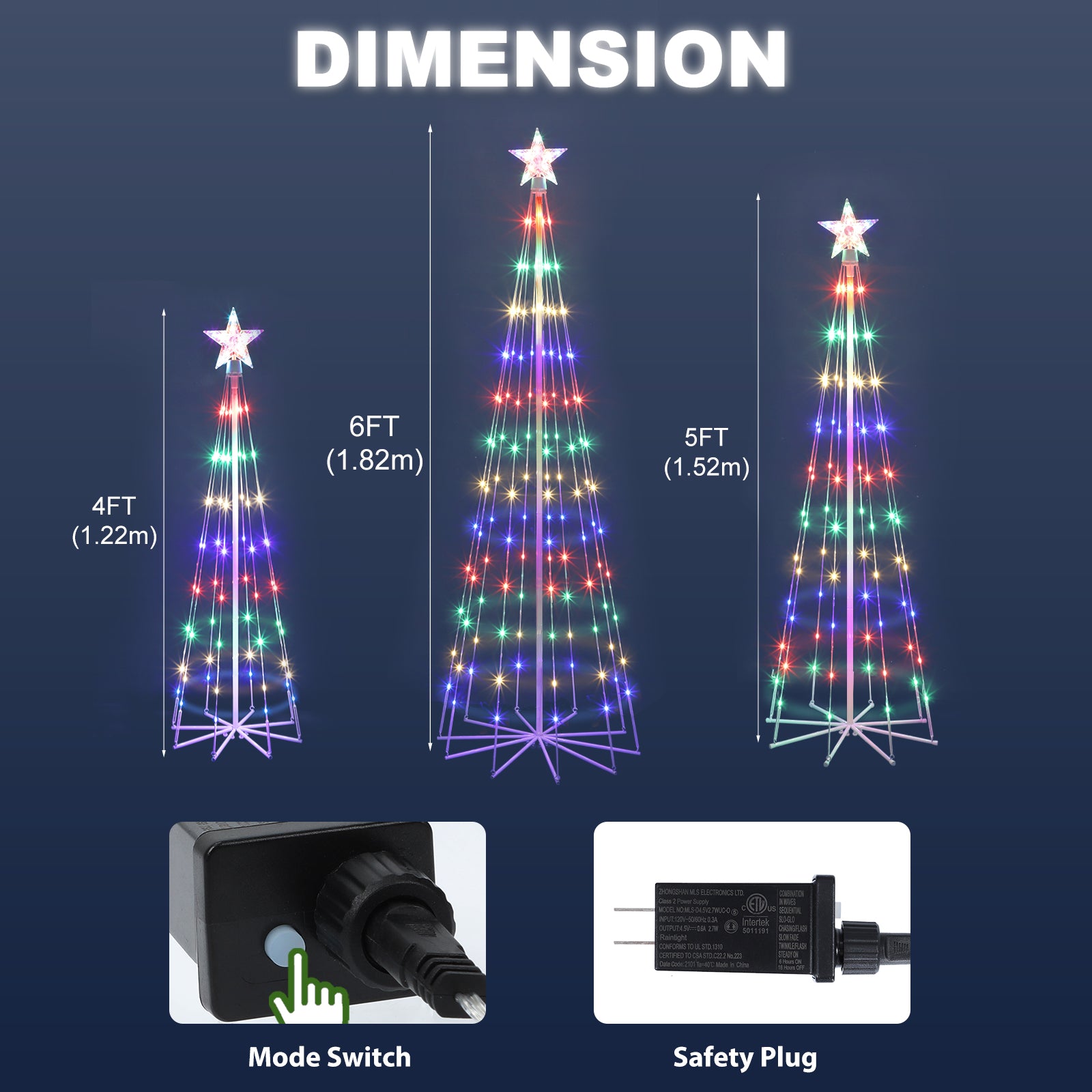 3-Pack Multi-Color Christmas Cone Trees, 8 Lighting Modes LED Outdoor Tree Set for Holiday Yard and Porch Decorations,