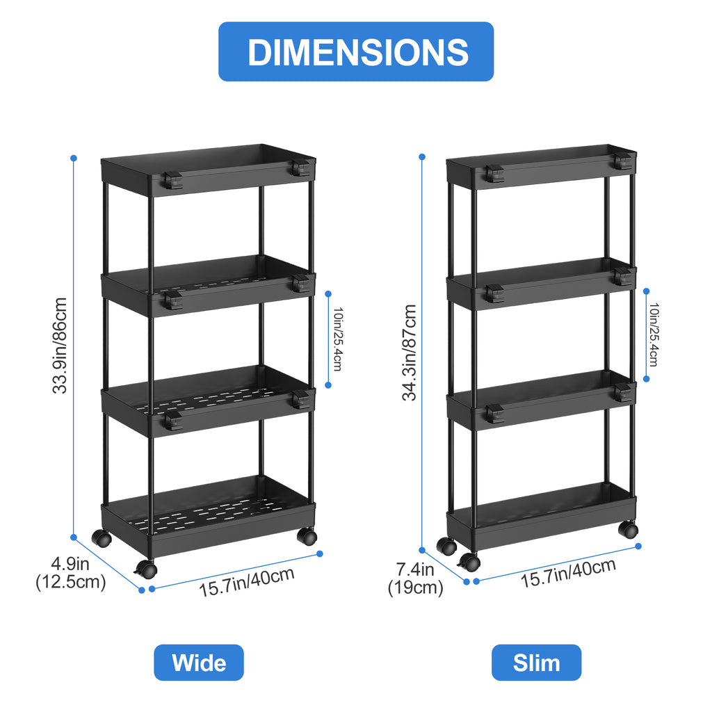 2 Packs Slim Storage Rolling Cart with Wheels, 4 Tier Utility Carts Bathroom Organizers and Storage, for Kitchen Narrow Place, Black