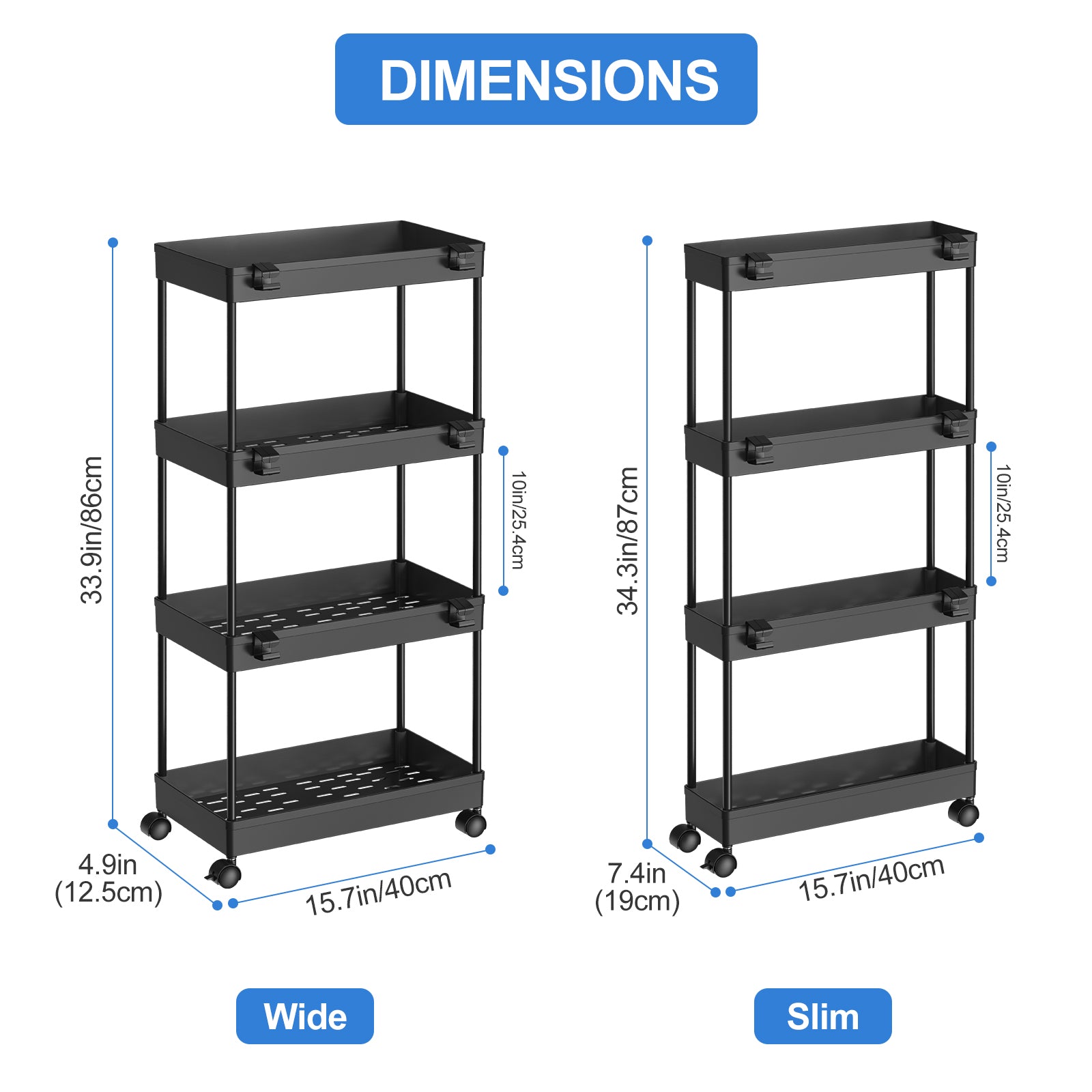 2 Packs Slim Storage Rolling Cart with Wheels, 4 Tier Utility Carts Bathroom Organizers and Storage, for Kitchen Narrow Place, Black