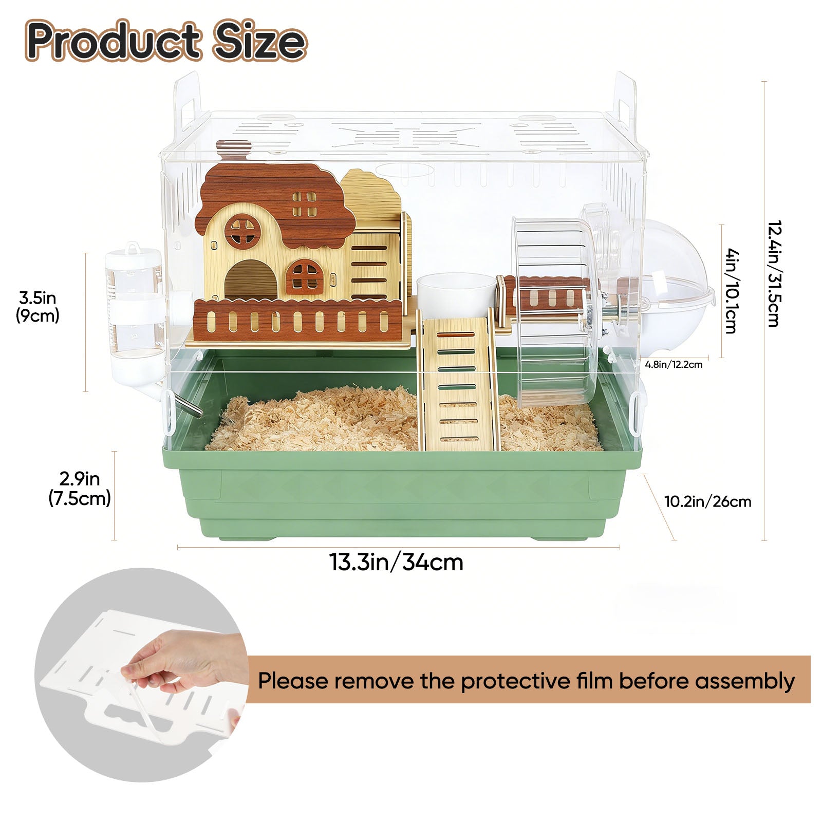 Acrylic Hamster Cage, 360Â° Transparent View Habitat with Running Wheel & Wooden Hideout for Dwarf/Syrian Hamsters, Green, 13.3" L x 10.2" W x 12.4" H