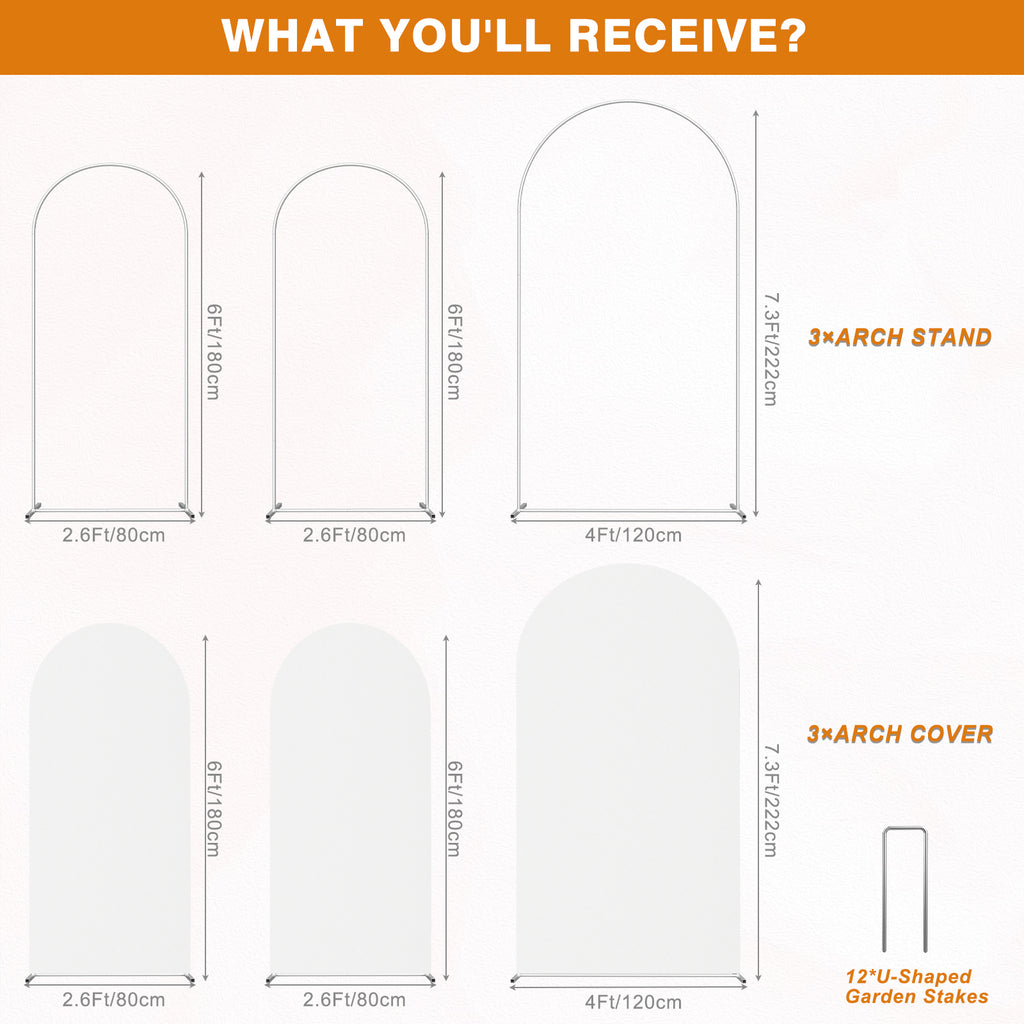 Set of 3 White Arch Backdrop Stands with Covers (7.3FT, 6FT, 6FT) - Metal Frame Kit for Events