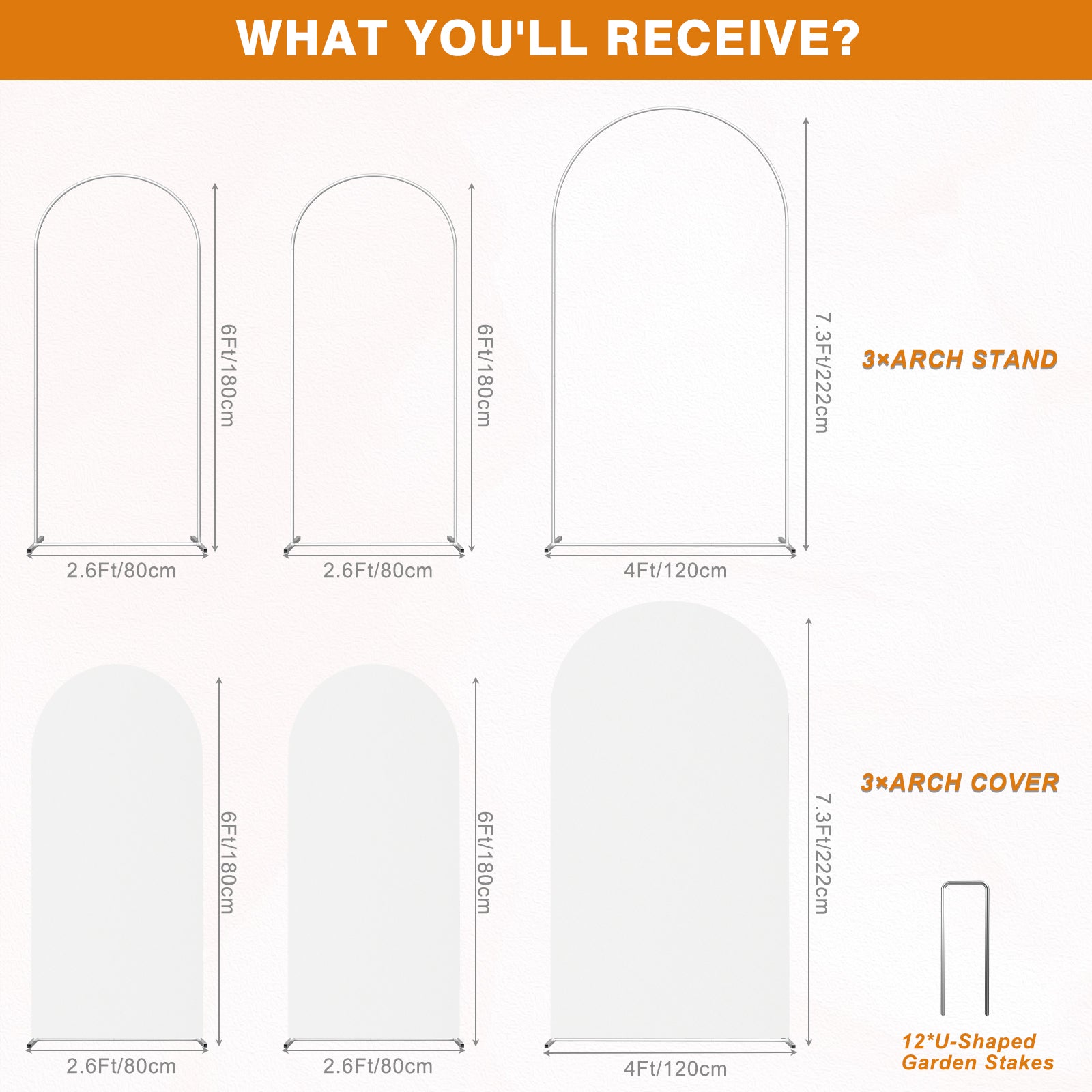 Set of 3 White Arch Backdrop Stands with Covers (7.3FT, 6FT, 6FT) - Metal Frame Kit for Events