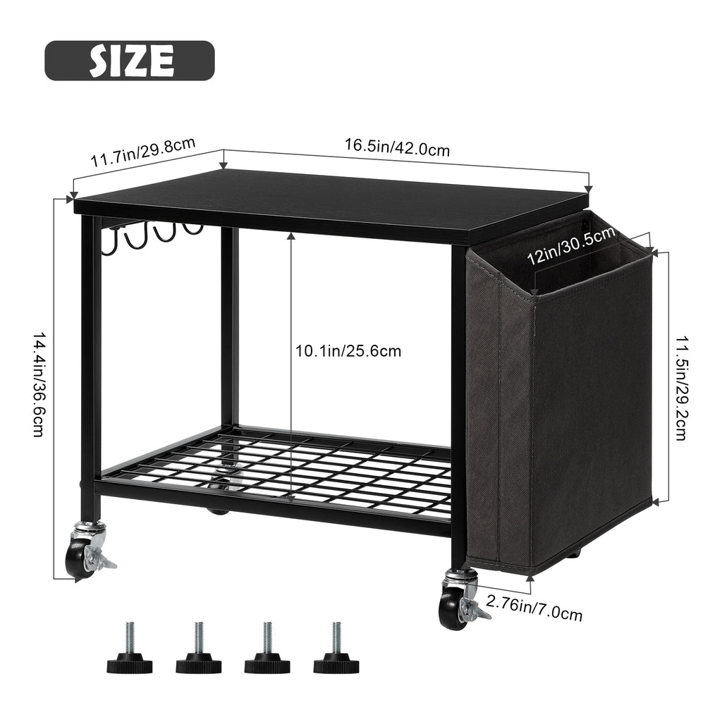 Under-Desk Printer Stand with Storage Bag - Desktop Fax/Scanner Shelf with Side Hooks and Adjustable Feet