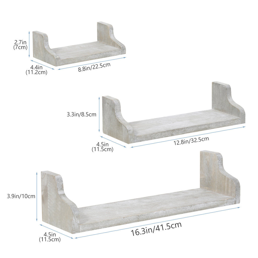 Set of 3 White Floating Wall Shelves - Rustic U-Shaped Decorative Display Shelves for Bedroom & Bath