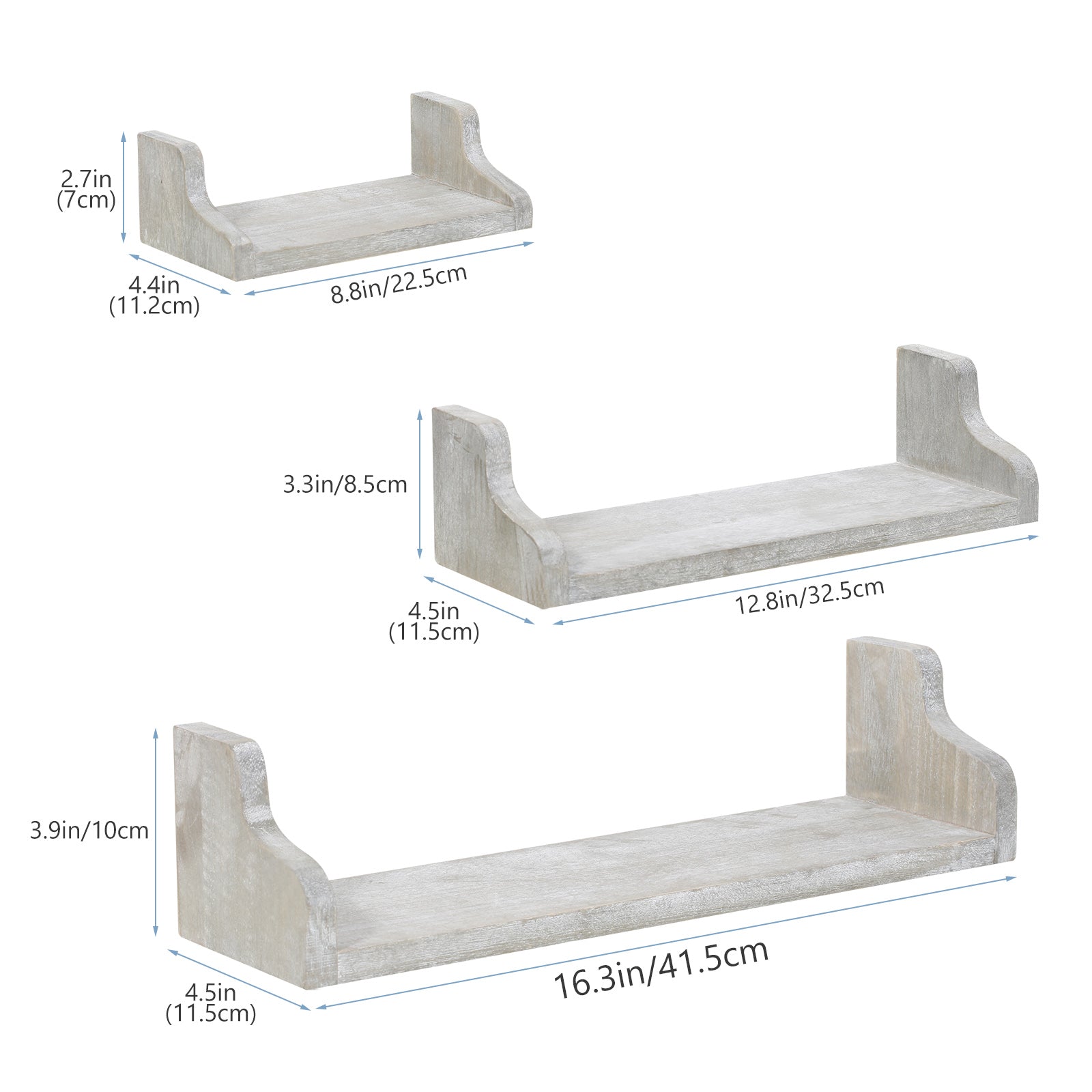 Set of 3 White Floating Wall Shelves - Rustic U-Shaped Decorative Display Shelves for Bedroom & Bath