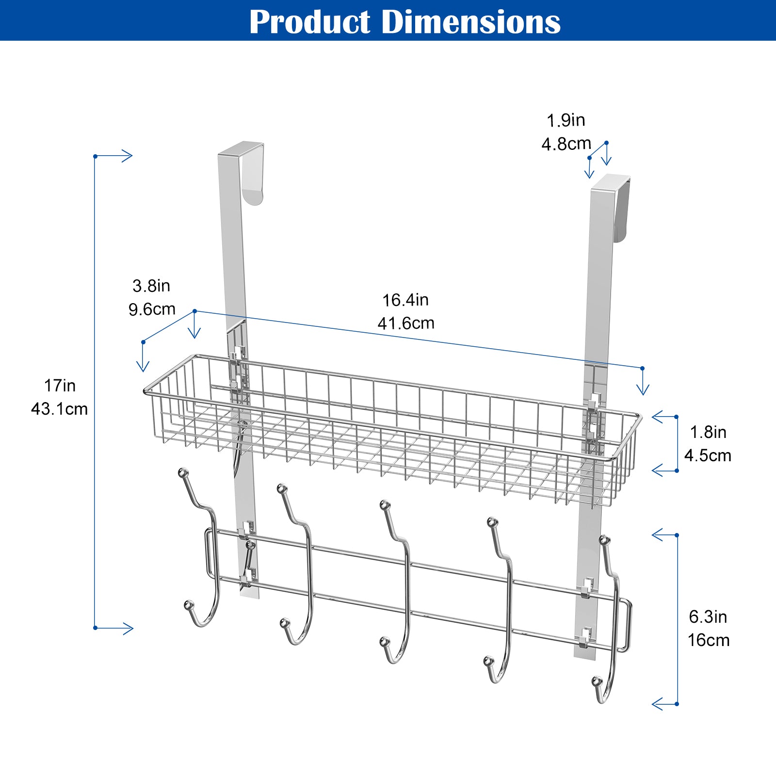 Over-the-Door Organizer Rack with 5 Hooks & Mesh Basket - Multi-Purpose Storage Shelf for Pantry & Bath
