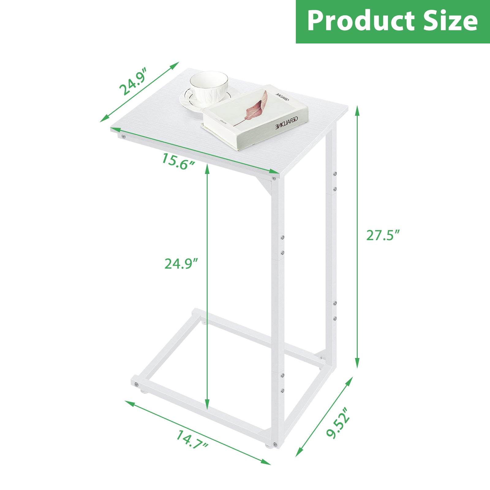 White C-Shaped End Table with Metal Frame, Bedside Snack Side Table for Laptop, Coffee & Living Room,