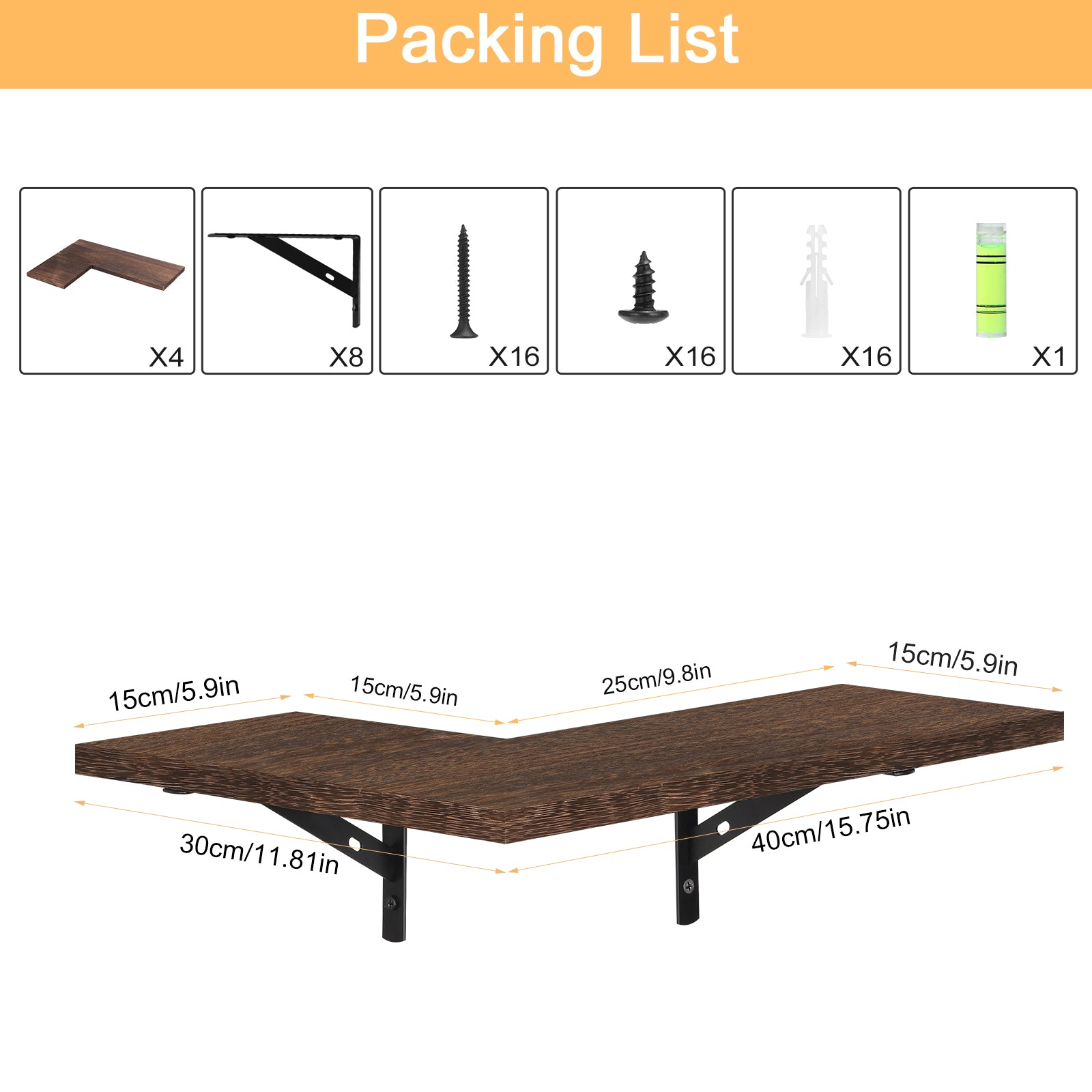 Set of 4 Rustic Floating Corner Shelves - L-Shaped Wood Wall Storage Organizers - Decorative Display Shelves for Bedroom, Living Room & Office