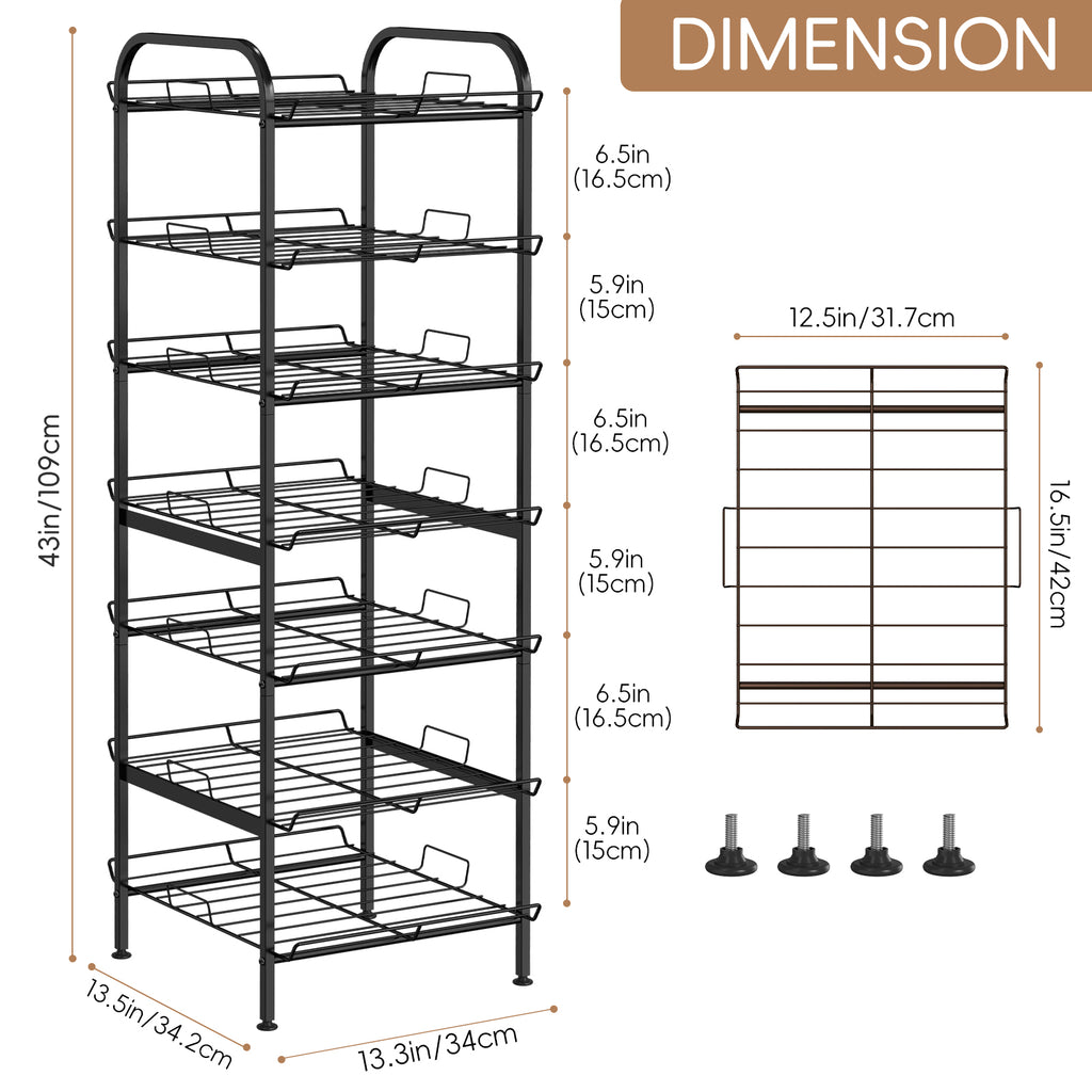 7-Tier Freestanding Water Bottle Organizer, Metal Beverage & Food Storage Rack for Kitchen Pantry,Black/Rustic Brown/White