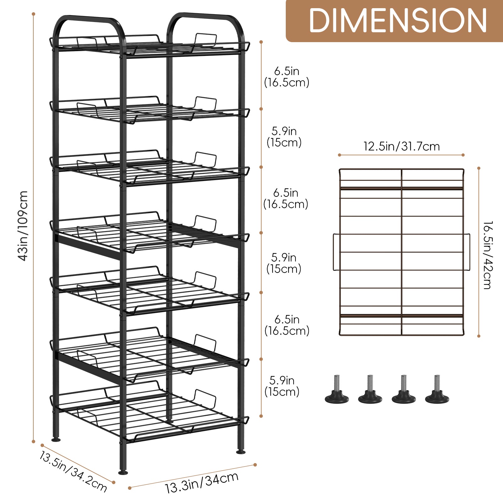 7-Tier Freestanding Water Bottle Organizer, Metal Beverage & Food Storage Rack for Kitchen Pantry,Black/Rustic Brown/White