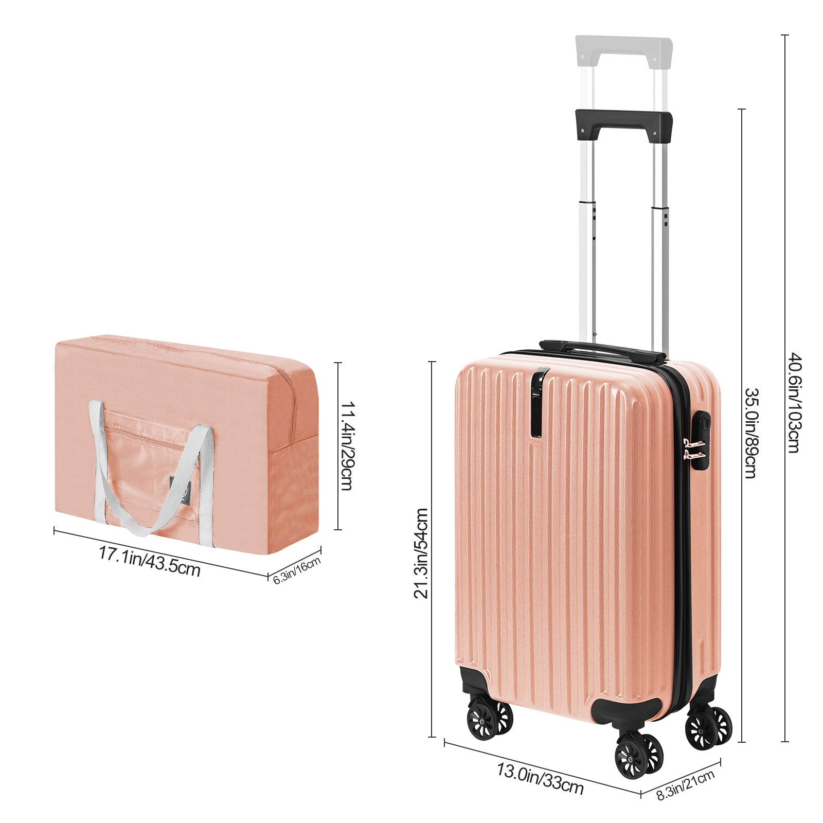 2 Piece Carry On Luggage Set with Bonus Foldable Duffel Bag, 20 Inch Spinner Suitcase with Built-in Hook for Extra Bag, TSA Lock, Telescopic Handle Perfect for Back to School, Business Trip and Weekend Getaway