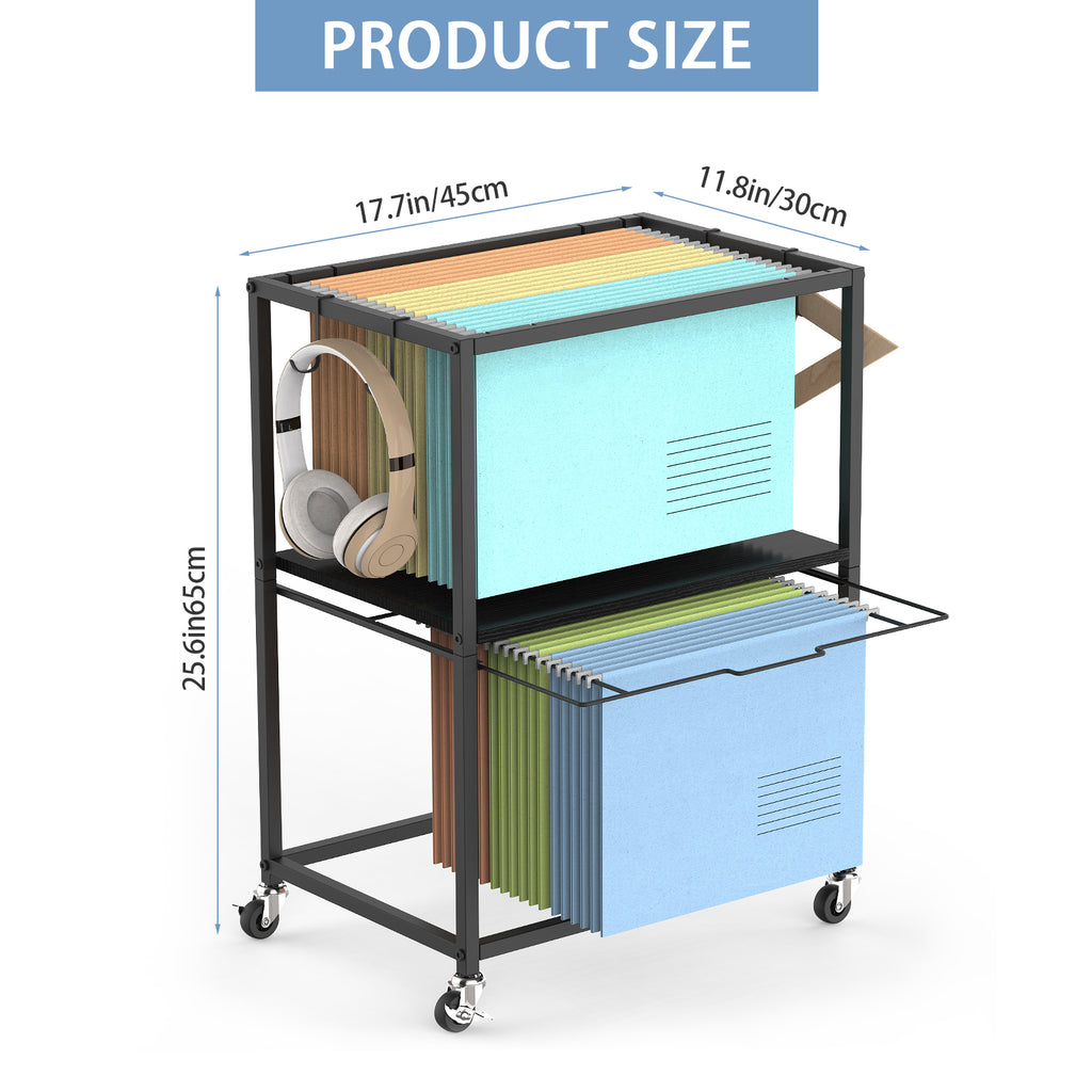 2-Tier Rolling File Cart with Side Hooks - Mobile Office Organizer for Letter & Legal Size Hanging Folders, Heavy-Duty File Storage Cabinet, Black