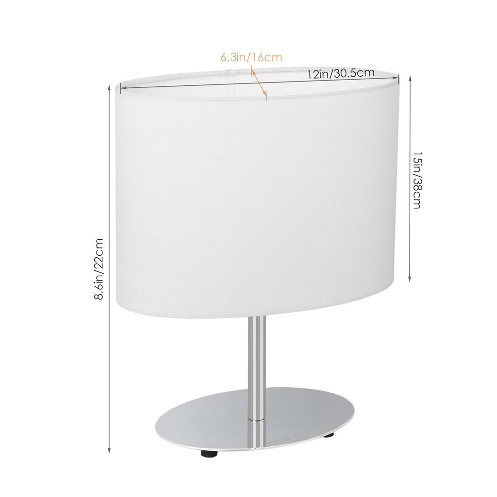 Minimalist Bedside Desk Lamp with Silver Metal Base, Fabric Shade & Pull Chain