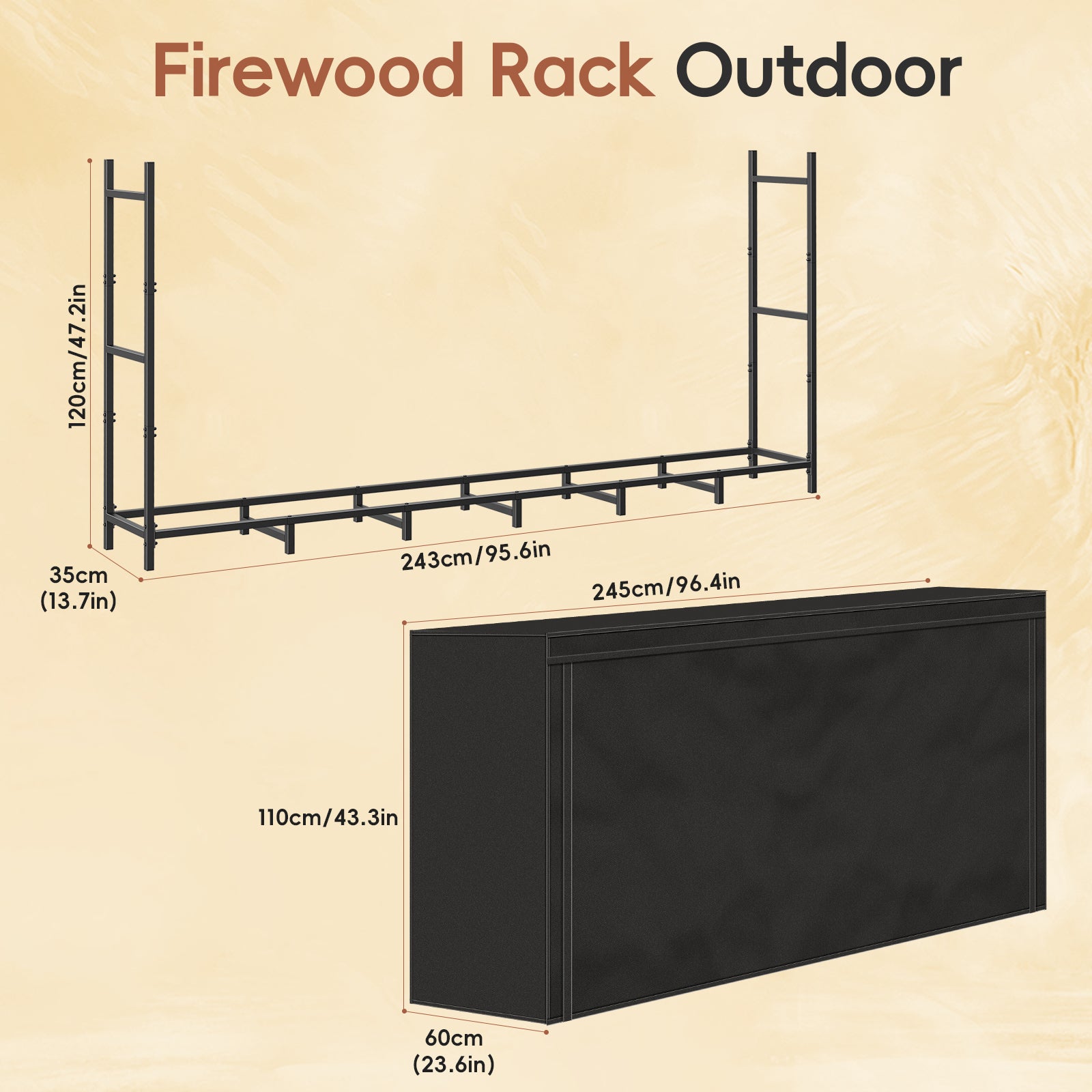 8ft Heavy-Duty Outdoor Firewood Rack with Waterproof Cover - Large Log Storage Stand for Firewood Drying, Weather-Resistant Wood Holder
