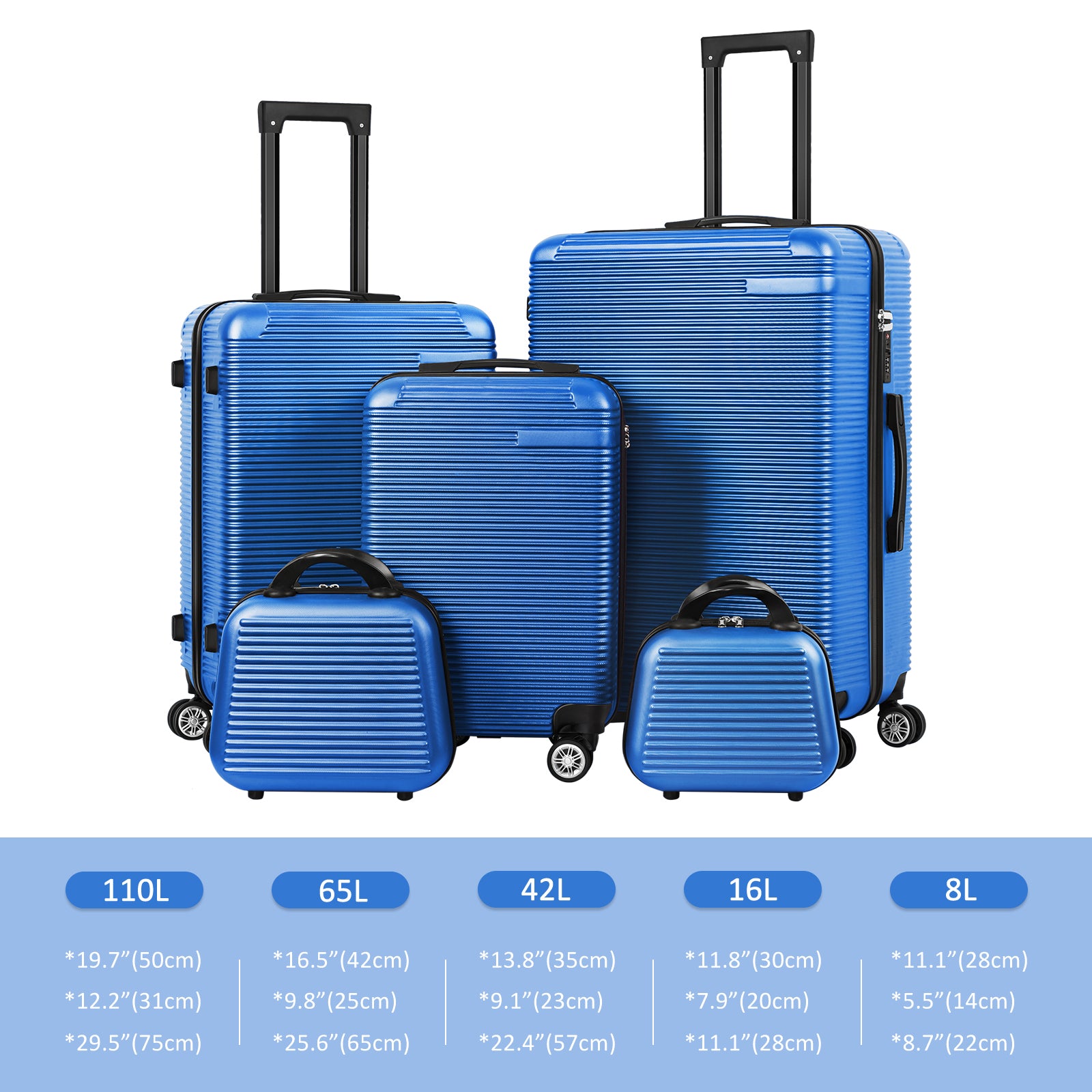 5-Piece Hardside Luggage Set - 12/14/20/24/28 Inch ABS+PC Suitcases with TSA Locks & Spinner Wheels, Lightweight Travel Luggage for Family Trips & Business (Blue)