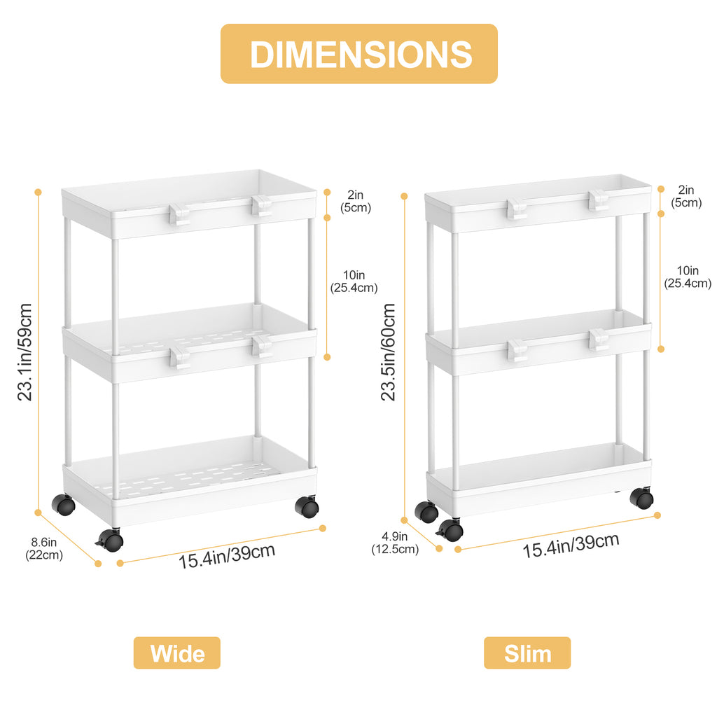 3-Tier Slim Rolling Storage Cart, 2-Pack - Mobile Shelving Unit Organizer for Kitchen & Bathroom