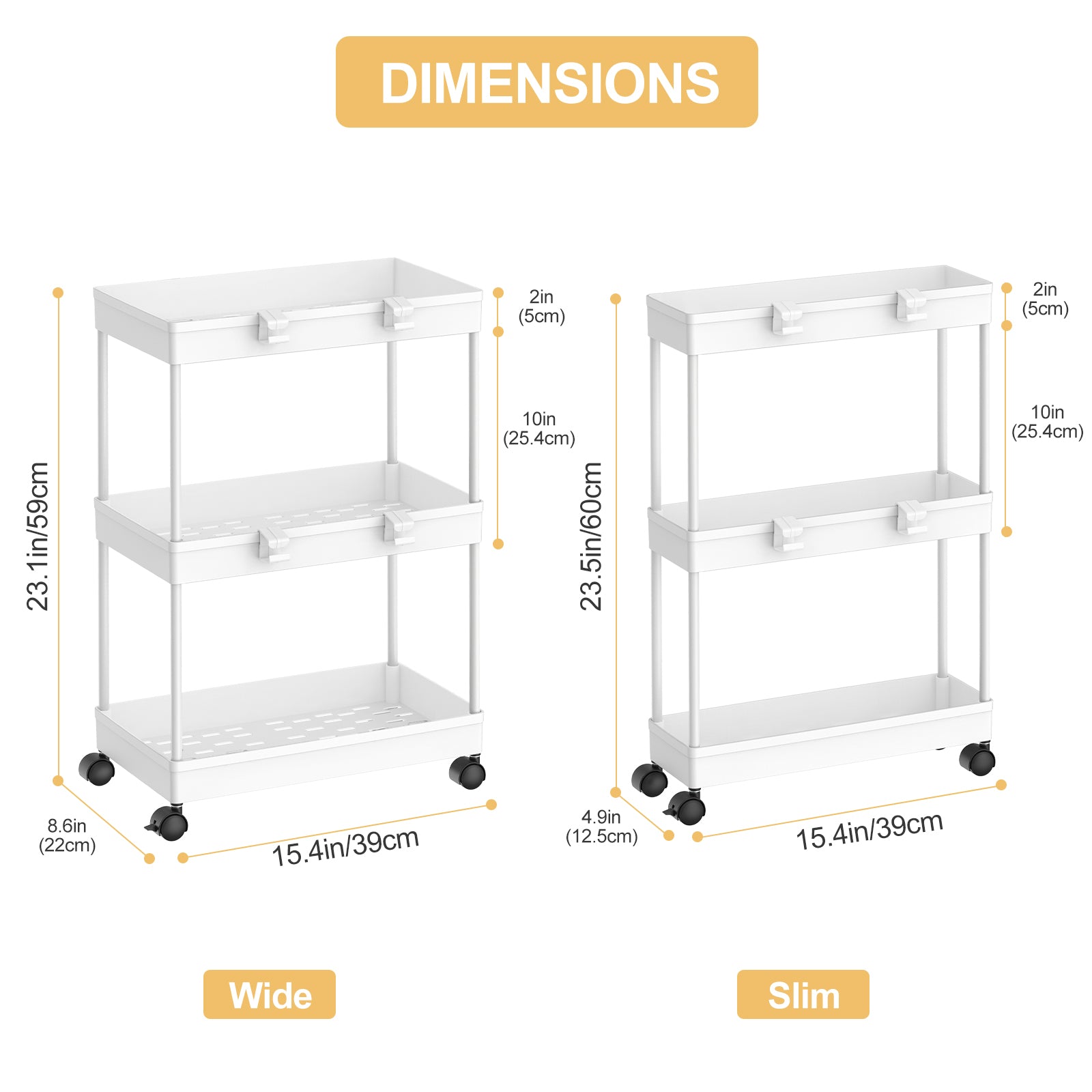 3-Tier Slim Rolling Storage Cart, 2-Pack - Mobile Shelving Unit Organizer for Kitchen & Bathroom