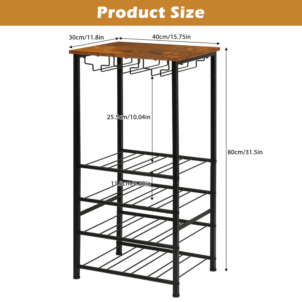 Freestanding Wine Rack Floor Stand with Glass Hanging Holder, Gray Oak Wood Top Metal Wine Storage Organizer, Holds 16 Wine Bottles & 9 Stem Glasses, Bar Cabinet Rack for Kitchen Dining Living Room