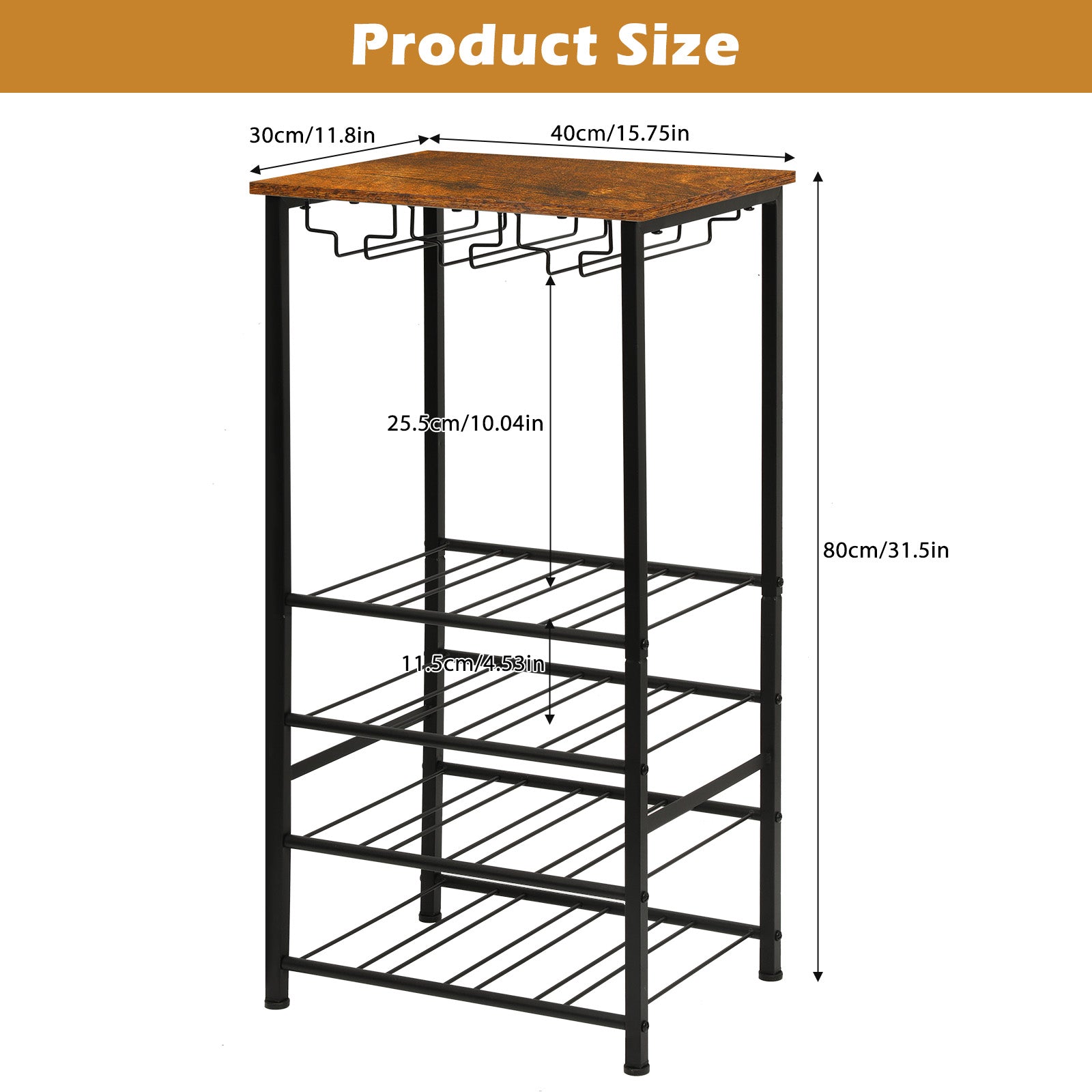 Freestanding Wine Rack Floor Stand with Glass Hanging Holder, Gray Oak Wood Top Metal Wine Storage Organizer, Holds 16 Wine Bottles & 9 Stem Glasses, Bar Cabinet Rack for Kitchen Dining Living Room