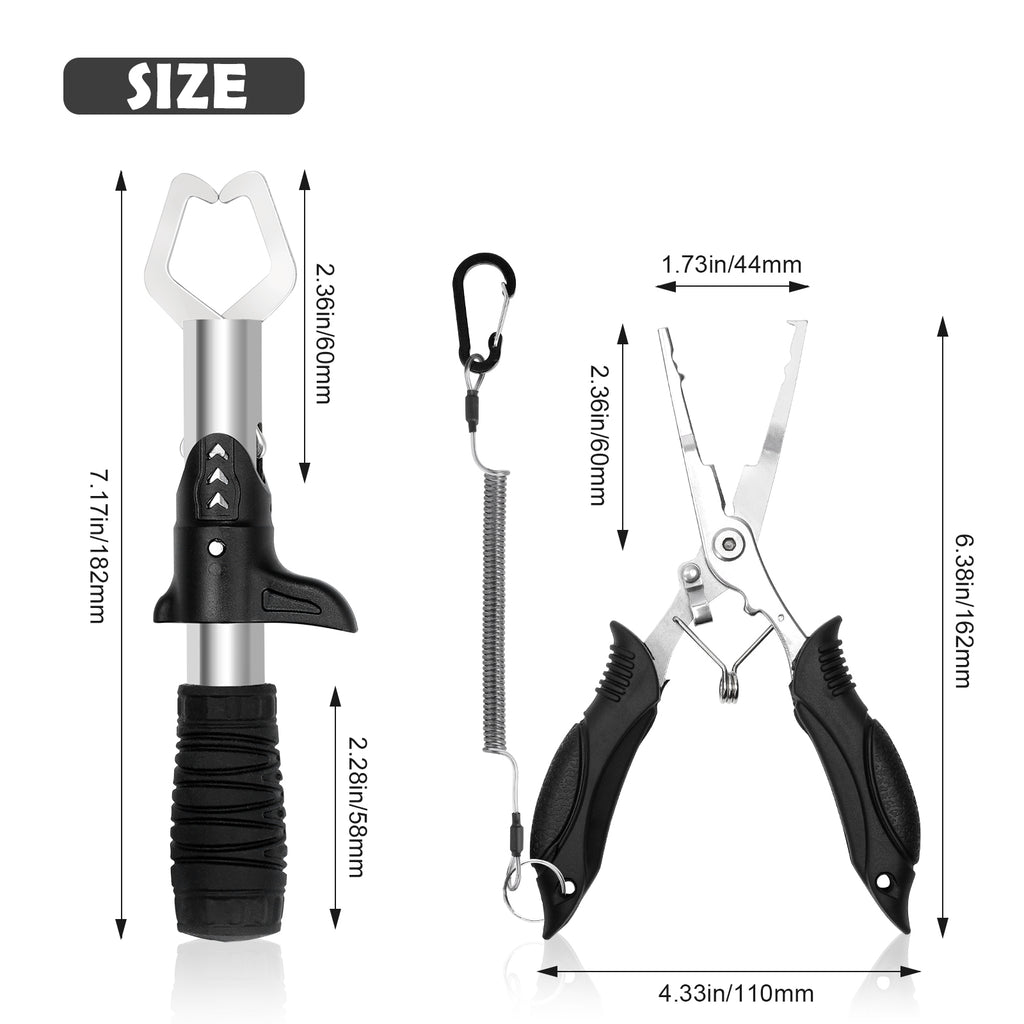 Multi functional fishing gear five piece set - fishing tool set. Professional fishing equipment. Five piece fishing gear set. Fishing tongs, hook removers, lip clips, and digital scales.