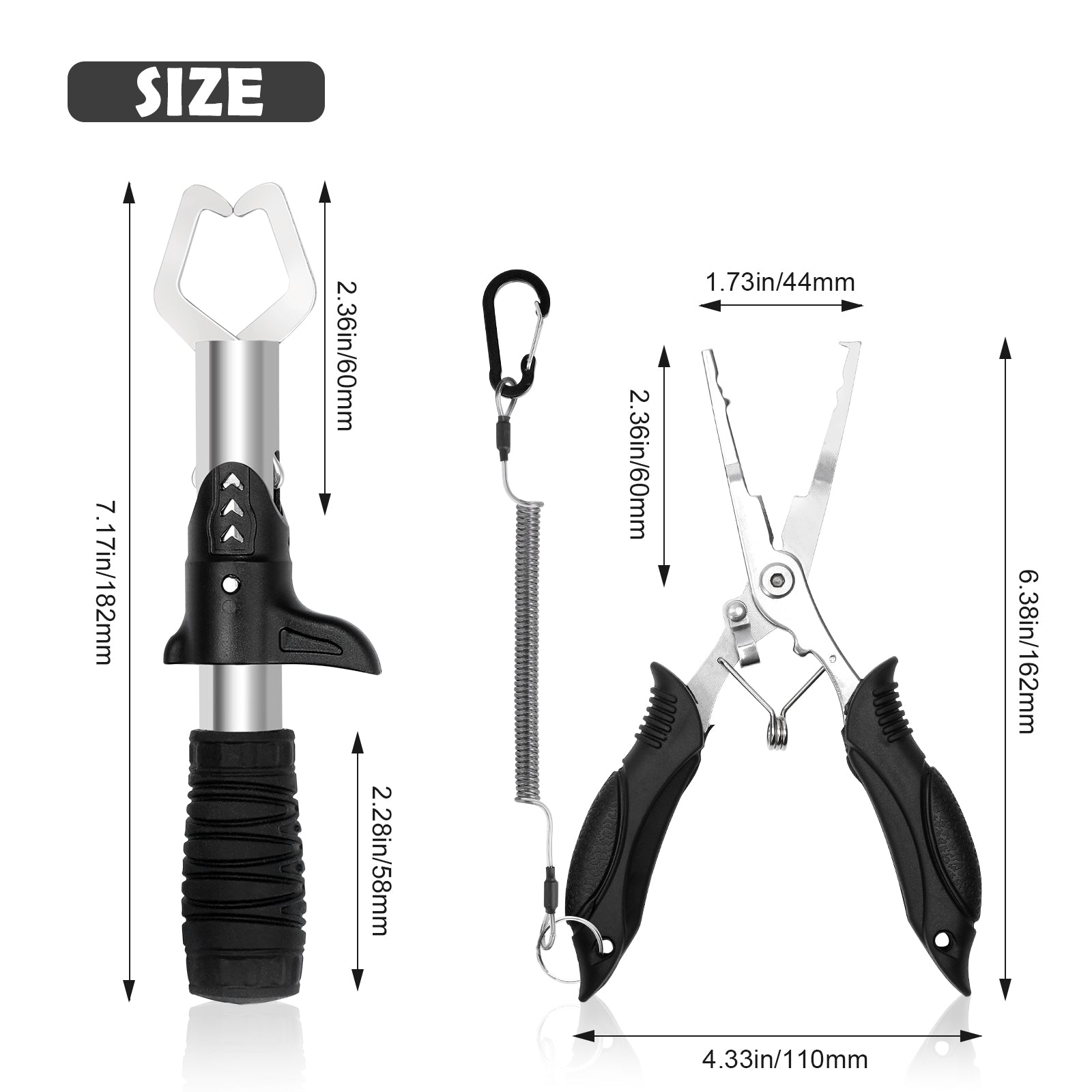 Multi functional fishing gear five piece set - fishing tool set. Professional fishing equipment. Five piece fishing gear set. Fishing tongs, hook removers, lip clips, and digital scales.