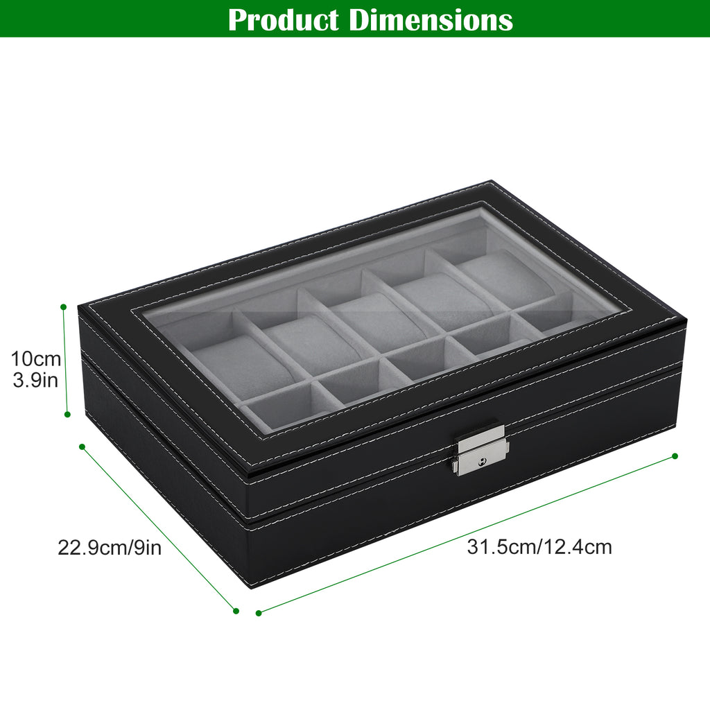 Premium 6-Slot Watch Display Case - Black Leather Watch Box with Large Glass Window & Secure Lock