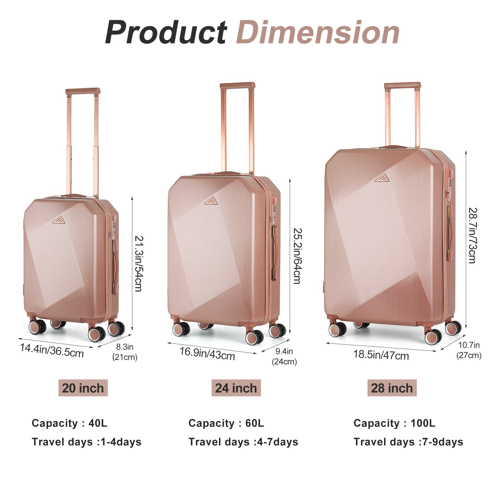 Luggage Set 3 Piece Luggage Set Carry On Suitcase Hardside Luggage with TSA Lock Spinner Wheels, Rose Gold ABS+PC (20in/24in/28in)
