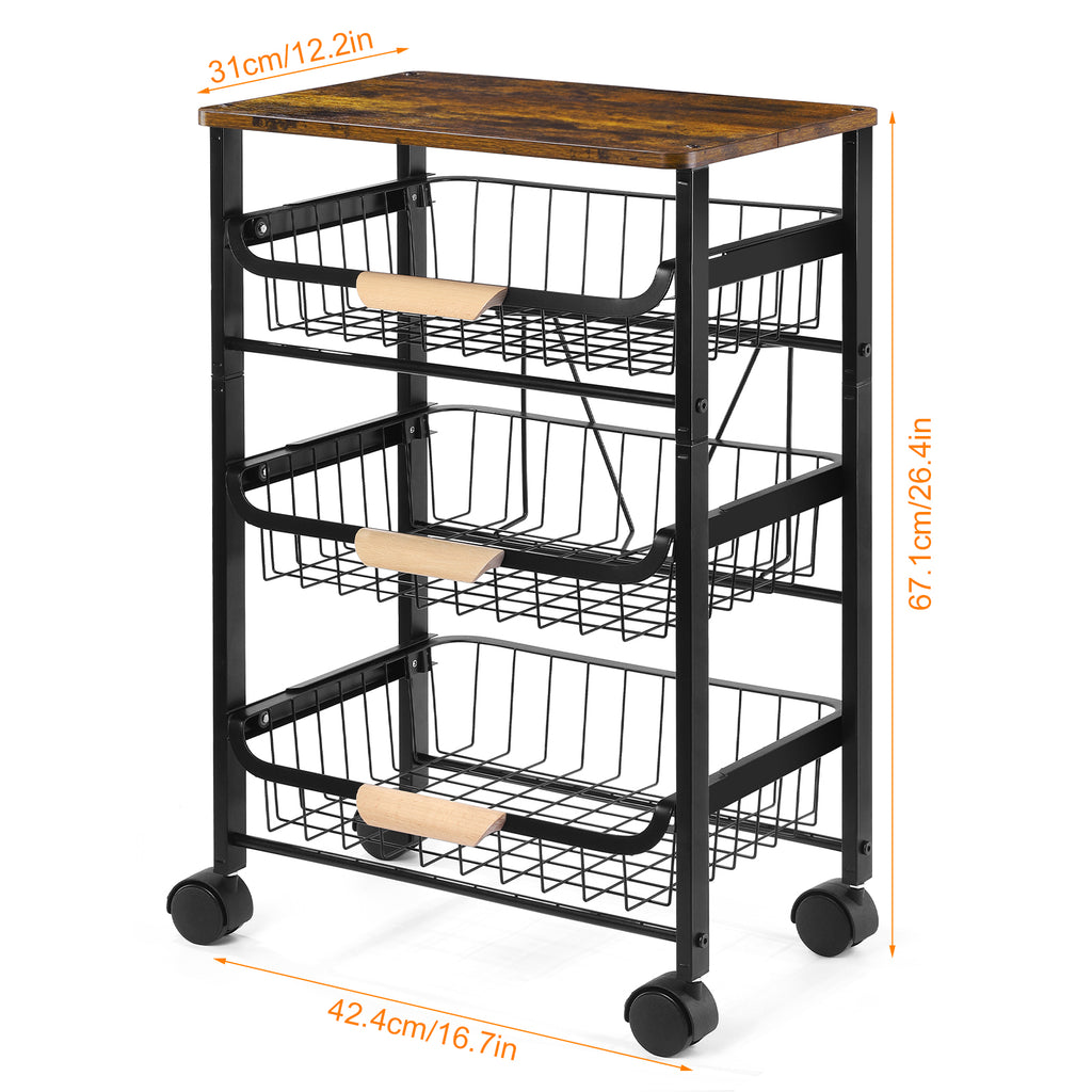 Kitchen Island Serving Cart with Utility Wood Tabletop, 4-Tier Rolling Storage Cart with 3 Basket Drawers, Kitchen Cart with Wheels for Home, Dining Room, Bar, Restaurant, Hotel