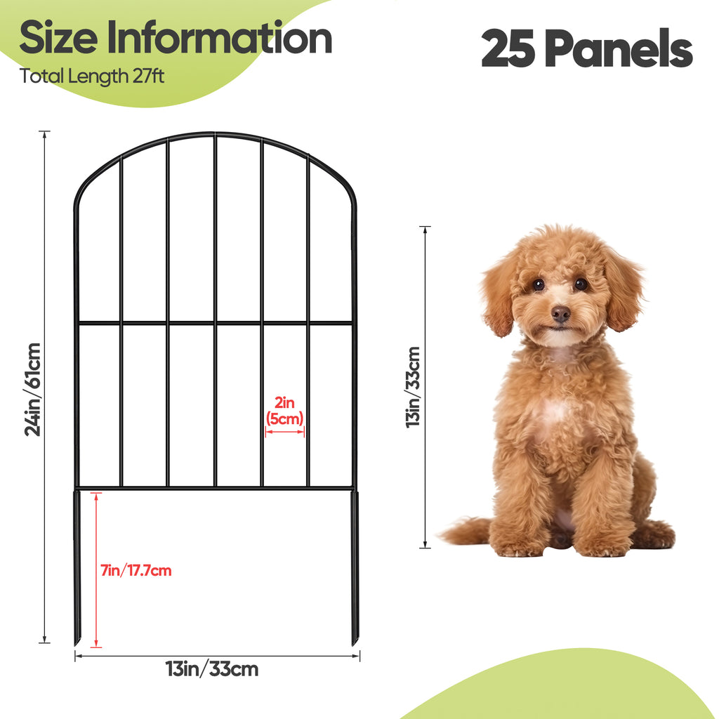 Decorative Arched Metal Garden Fencing - 25 Panels, 27ft x 24in Black Rustproof Wire Fence for Outdoor Yard, Flower Bed Edging, and Animal Barrier
