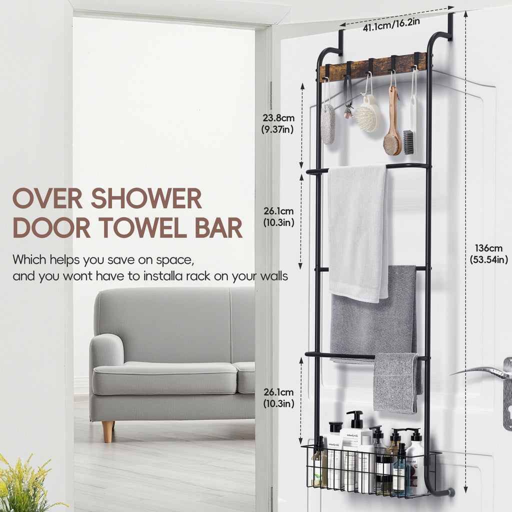 No-Drill Over-the-Door Towel Rack with Storage Basket and Hooks, Black Finish