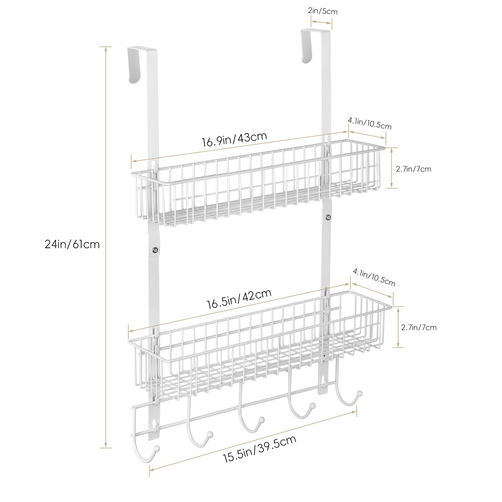 Metal Over The Door Hooks Organizer with Hooks & 2 Mesh Baskets Door Hanger Organizer for Bathroom, Kitchen, Bedroom, White
