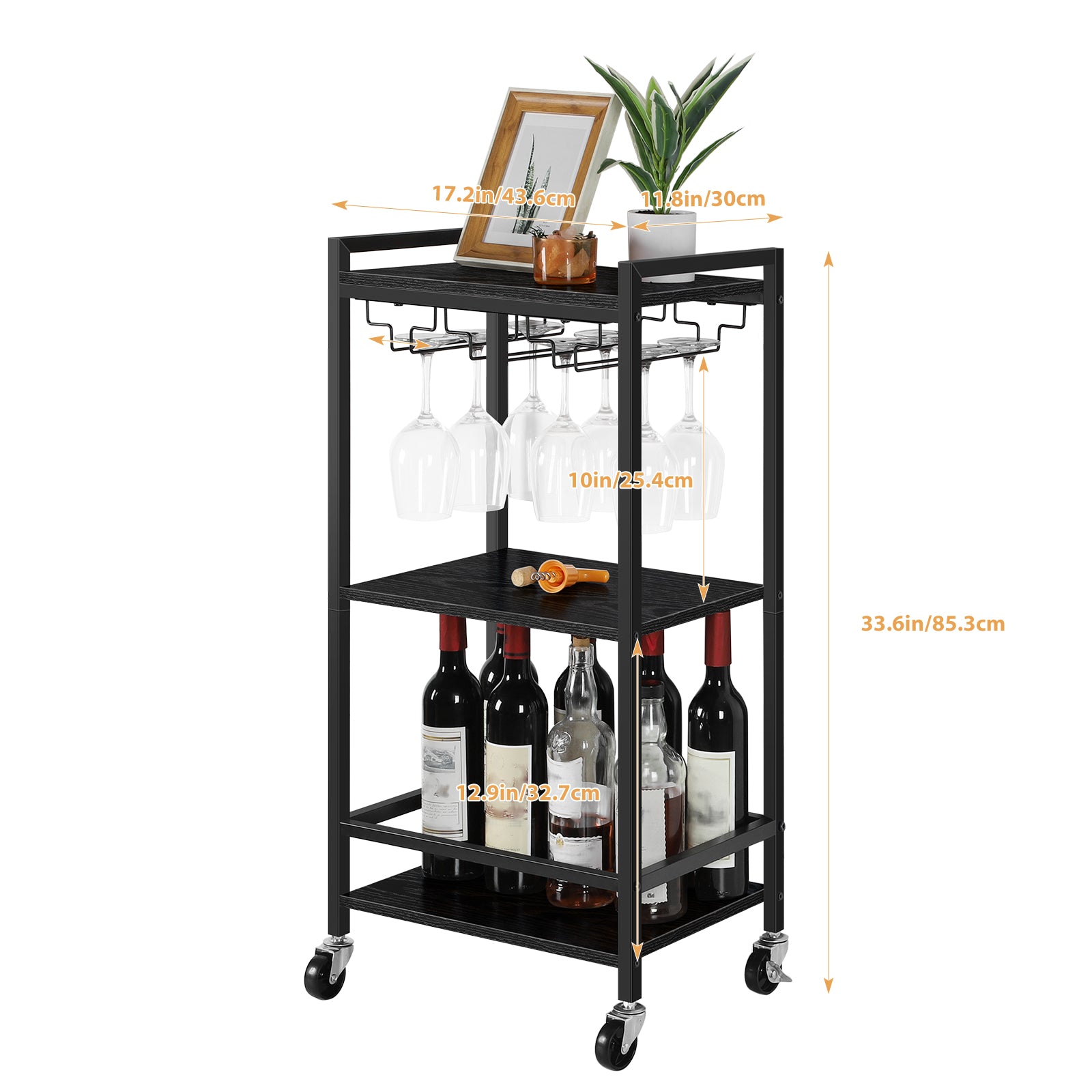 Triple Bar Cart Home Service Cart, Rolling Bar Cart with Glass Shelves, Brown Dining Cart with Storage Shelves for Kitchen Restaurant Party.
