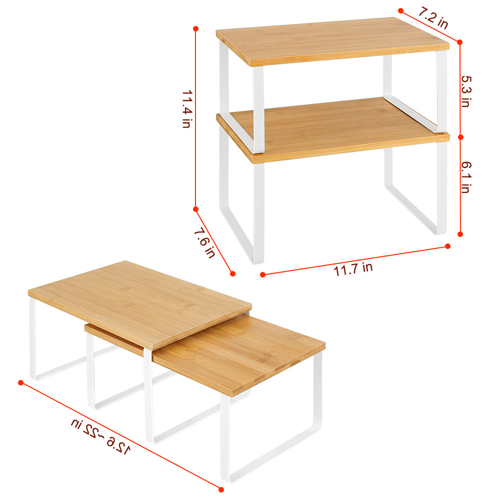 4-Pack Stackable Cabinet Shelf Organizers - White Metal & Wood Kitchen Counter Storage Shelves