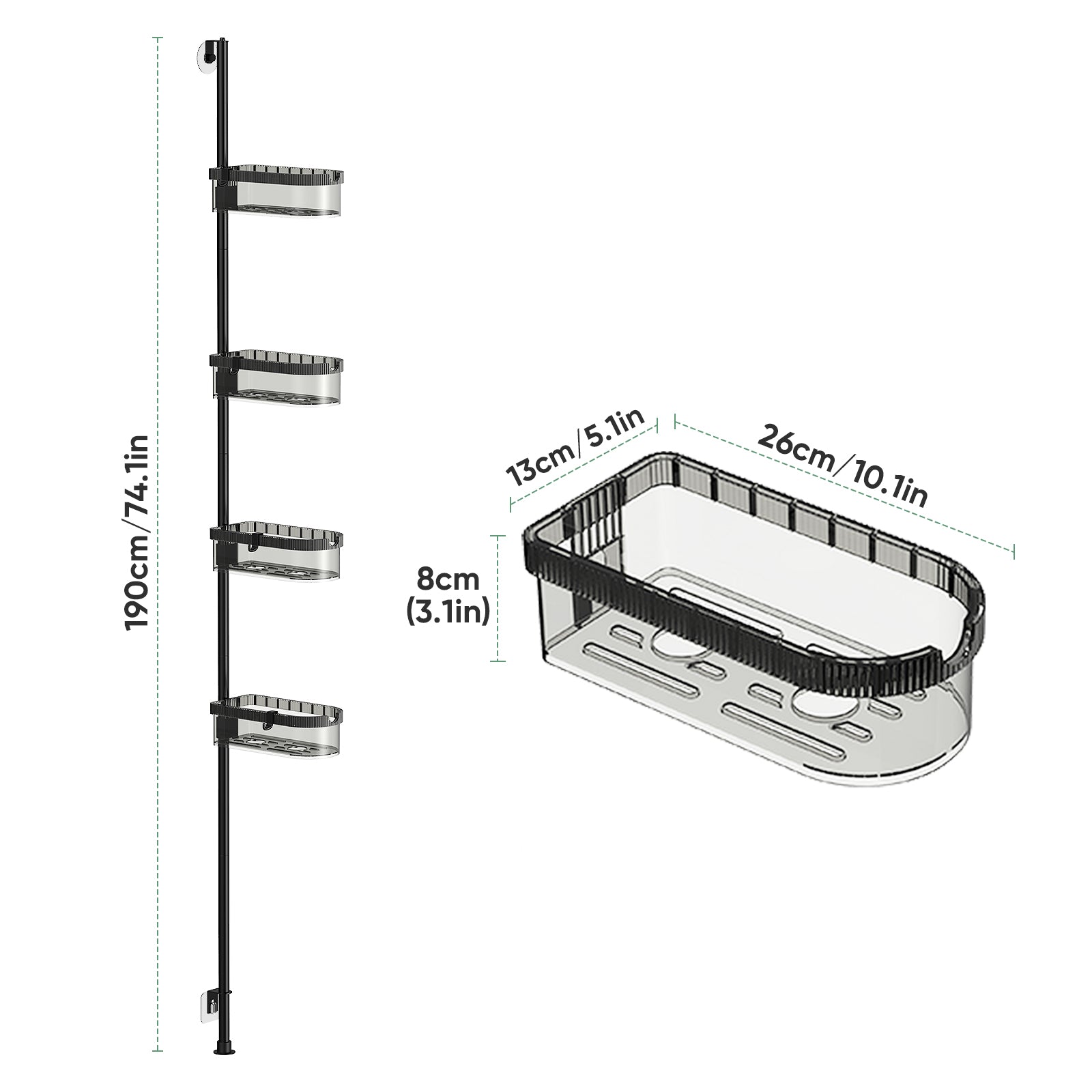 4-Tier Tension Pole Bathroom Rack, Adjustable Mesh Basket Organizer for Shower & Corner