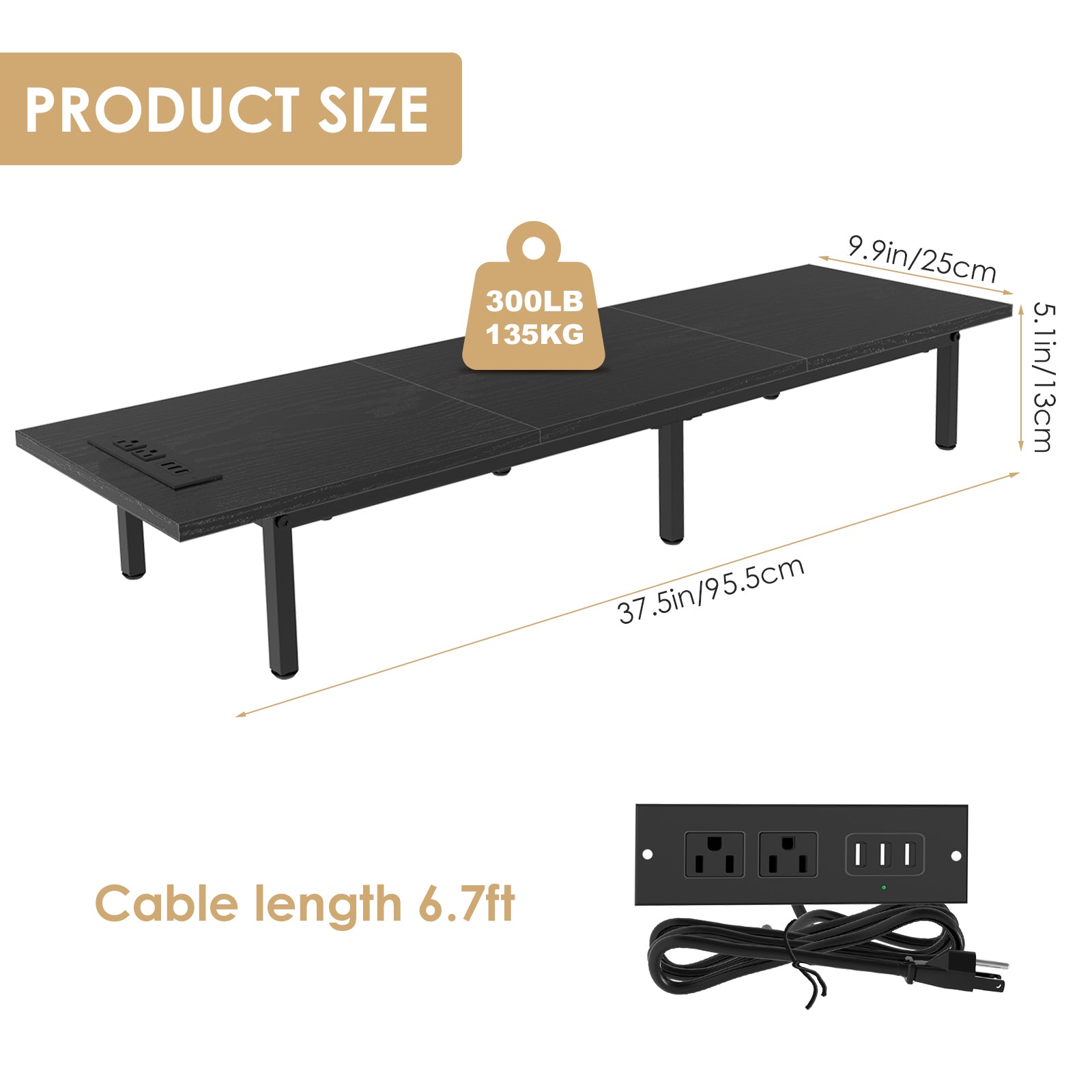 Dual Monitor Stand Riser with Power Outlets - Desk Organizer with 3 USB & 2 AC Ports for PC Laptop,