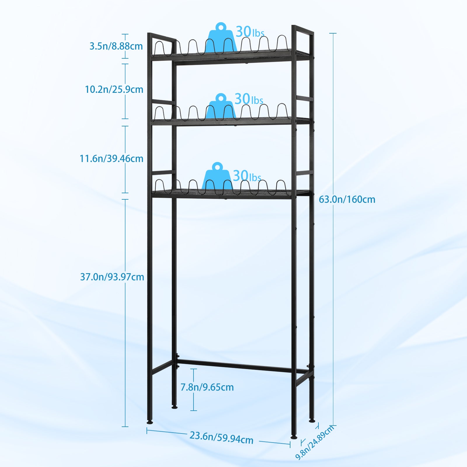 3-Tier Over The Toilet Storage Shelf, Bathroom Rack Organizer Above Toilet, Space Saving Stand, Black,