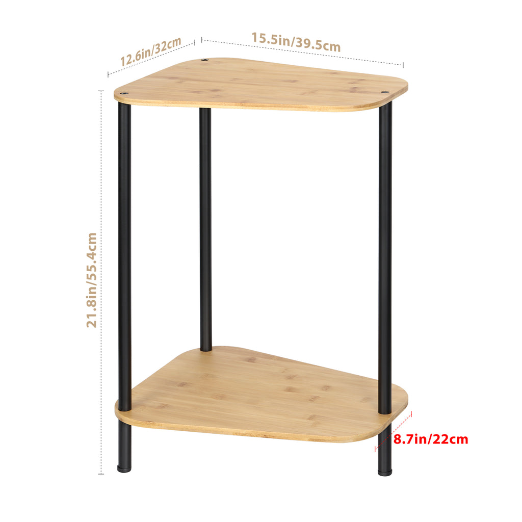 Modern Triangle Bamboo End Table Set (2 Pieces) - 2-Tier Storage Side Tables with Metal Legs