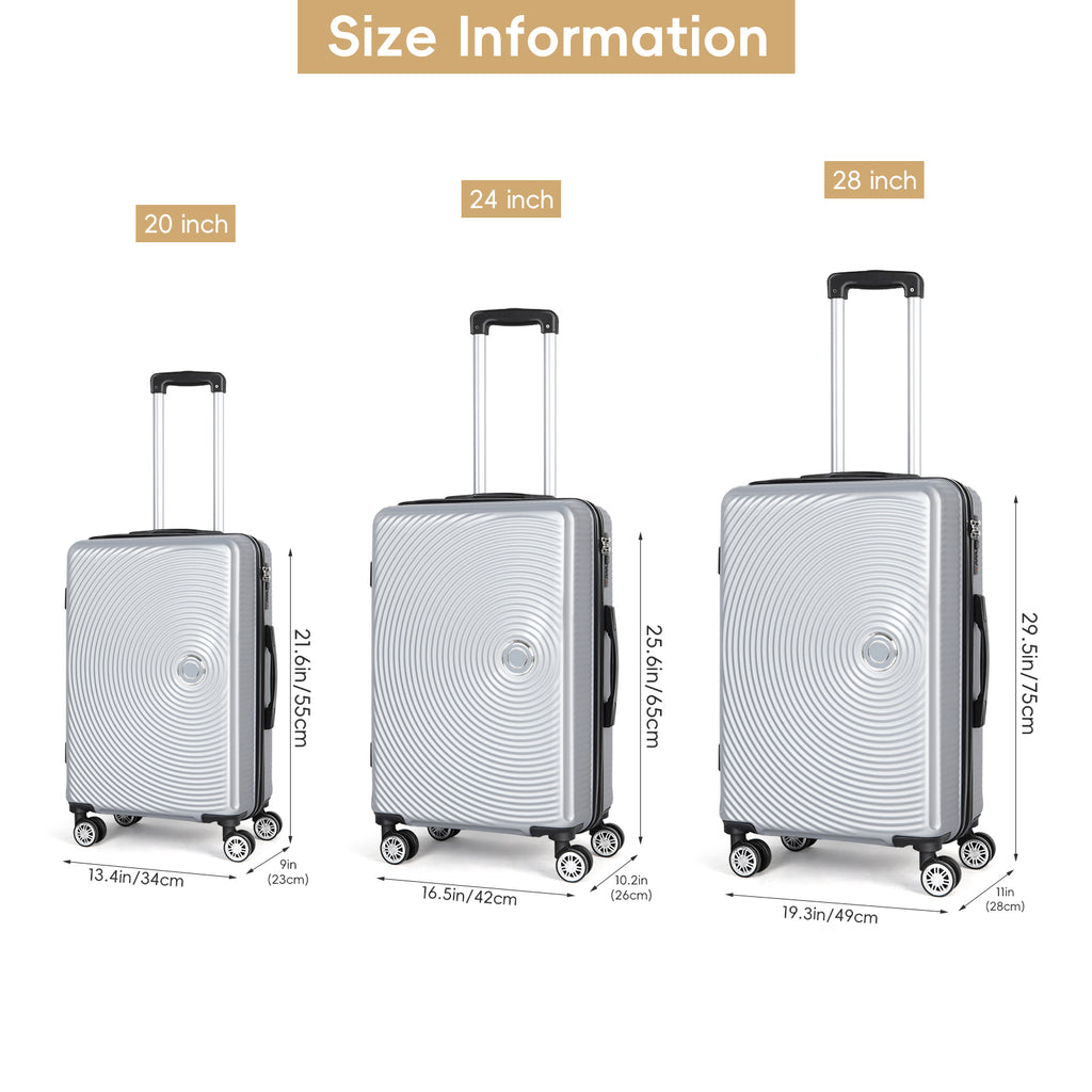 3 Pieces Luggage Set ABS Travel Suitcase with Spinner Wheels, Durable Hardshell Carry on Suitcase with TSA Lock (20 inch 24 inch 28 inch)